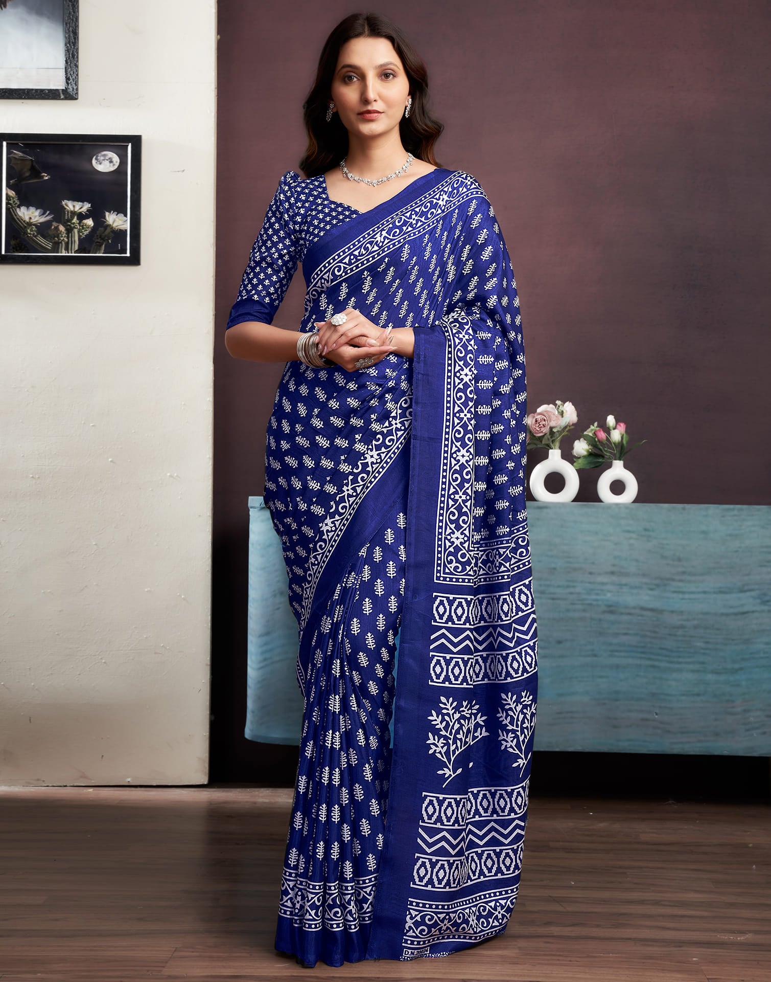 Blue Dola Silk Printed Printed Saree