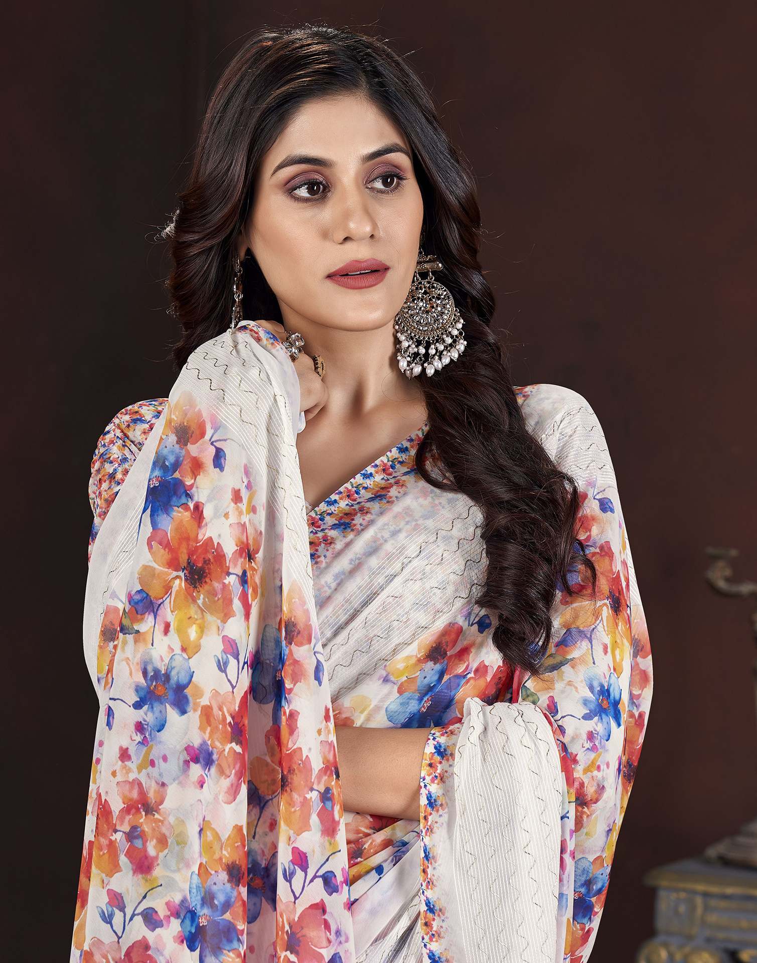 White Floral Printed Georgette Saree