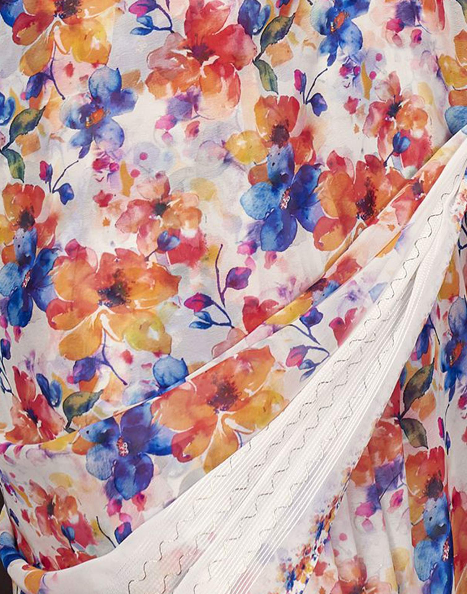 White Floral Printed Georgette Saree