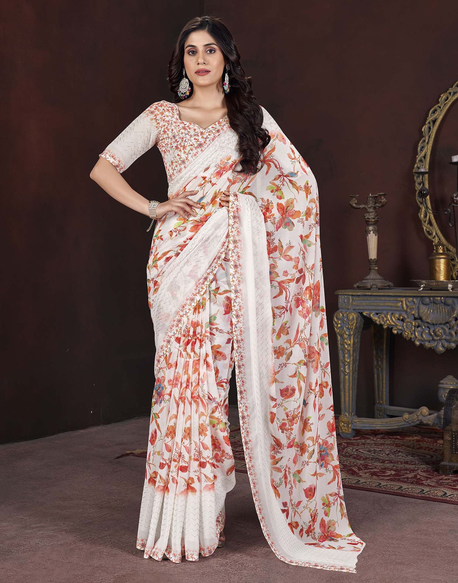 White Floral Printed Georgette Saree