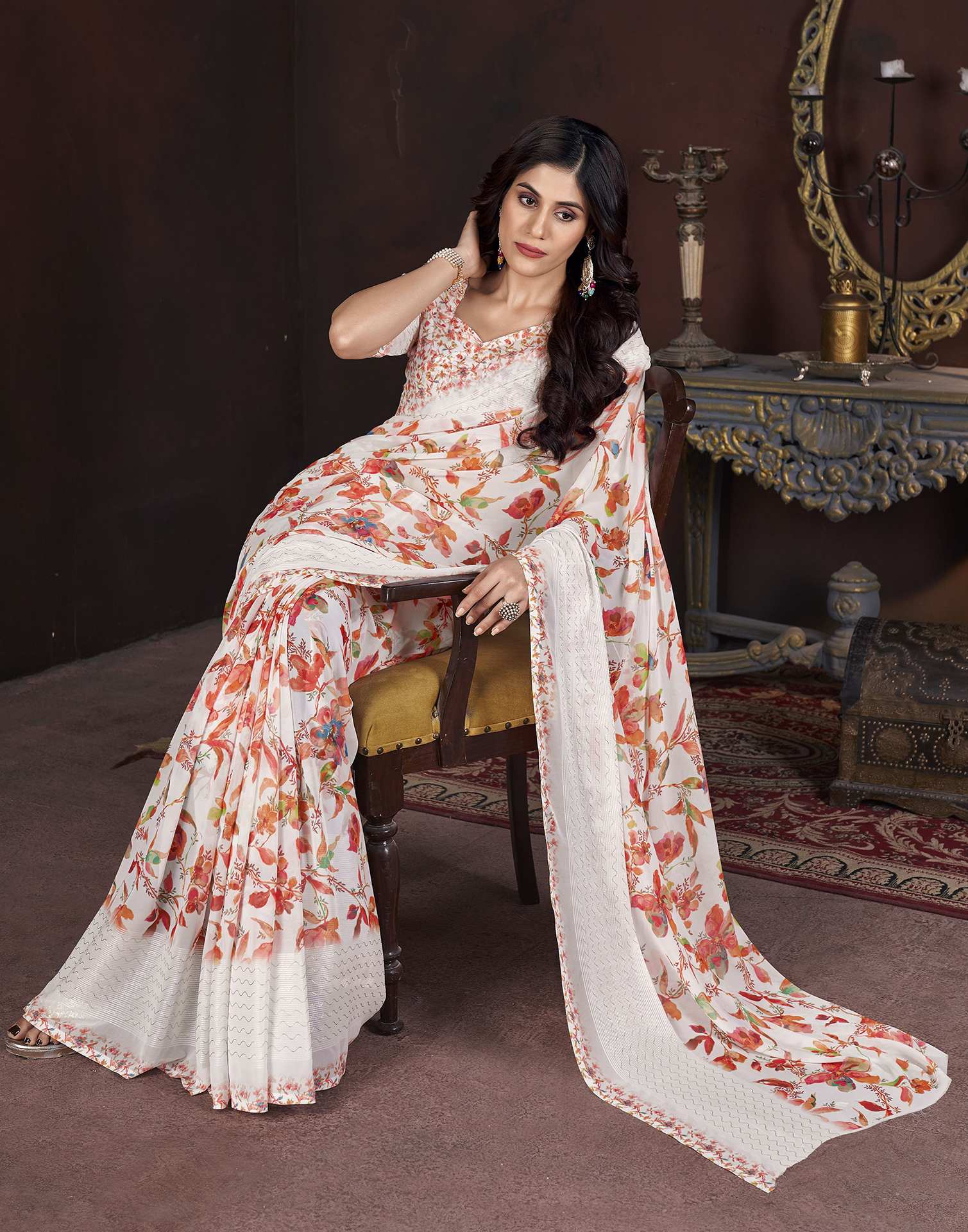 White Floral Printed Georgette Saree