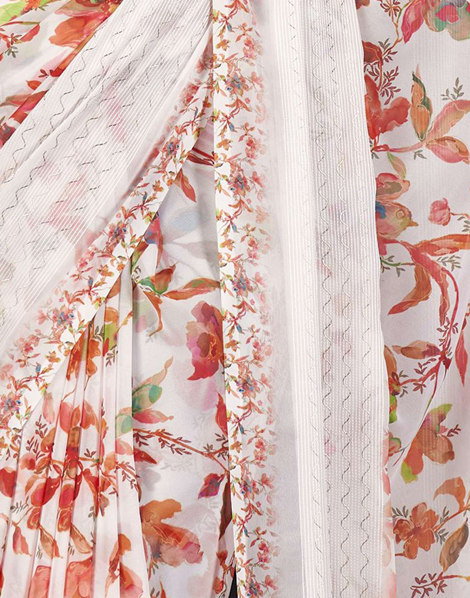 White Floral Printed Georgette Saree