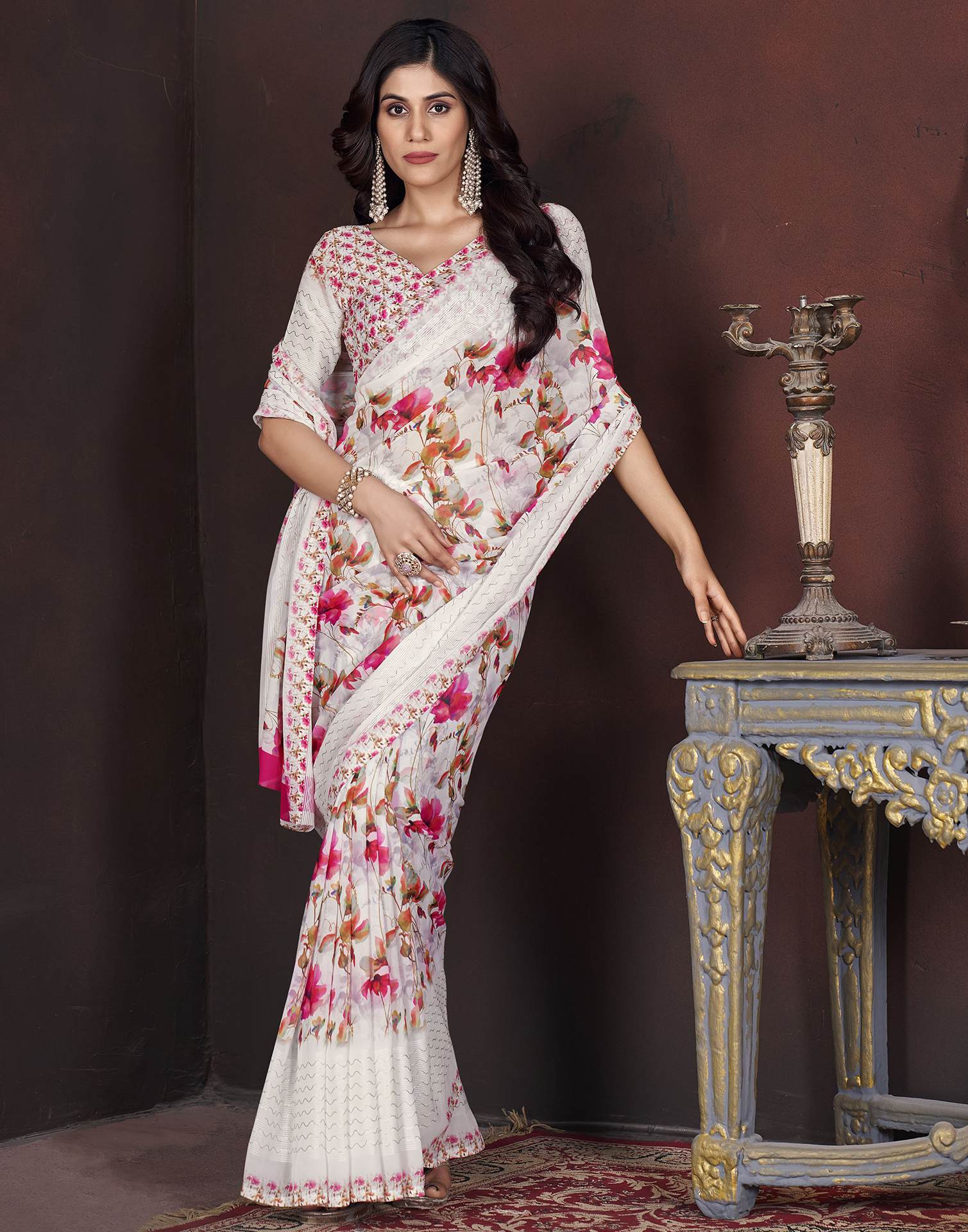 White Floral Printed Georgette Saree