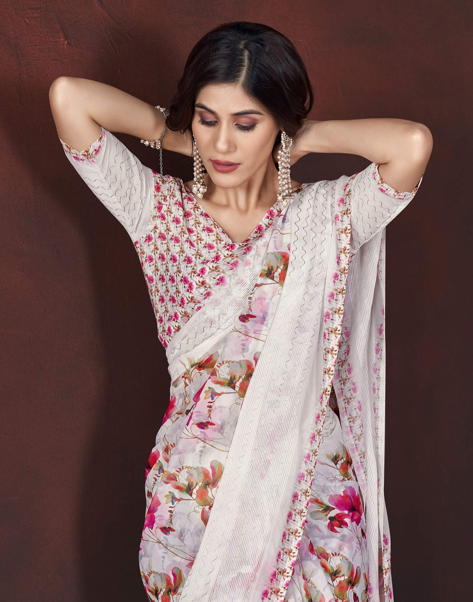 White Floral Printed Georgette Saree