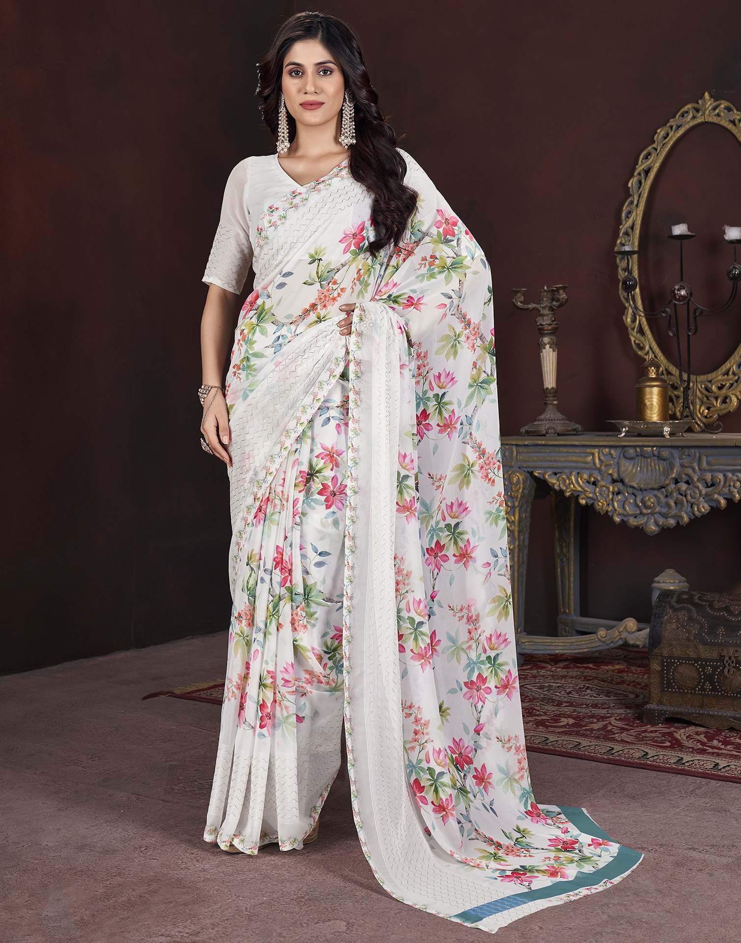 White Floral Printed Georgette Saree