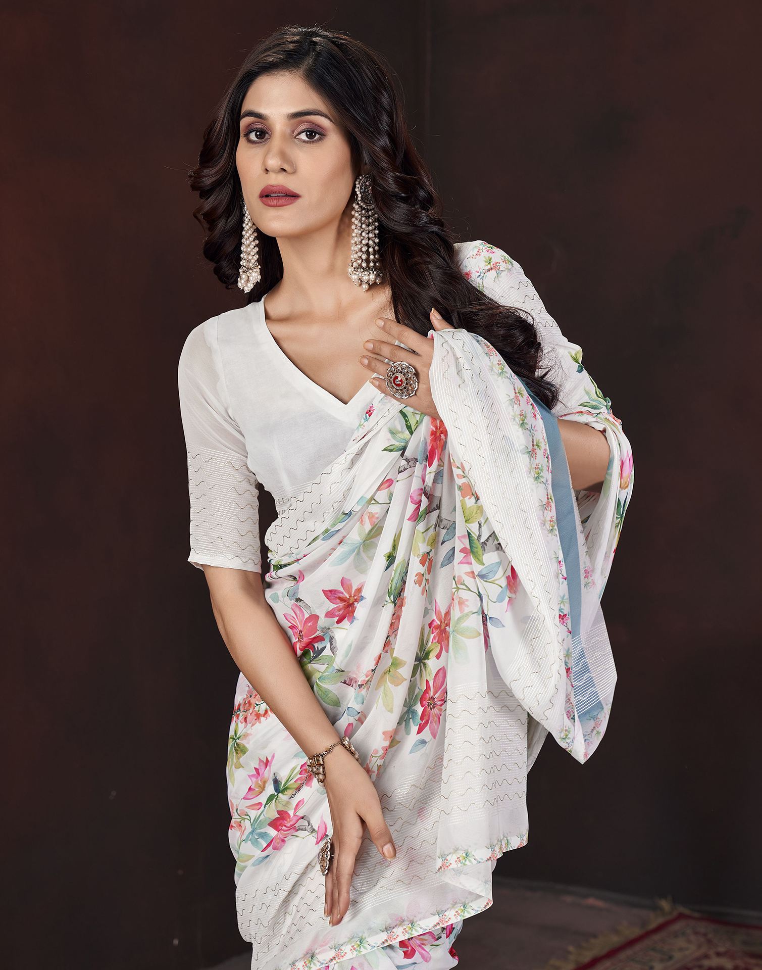 White Floral Printed Georgette Saree