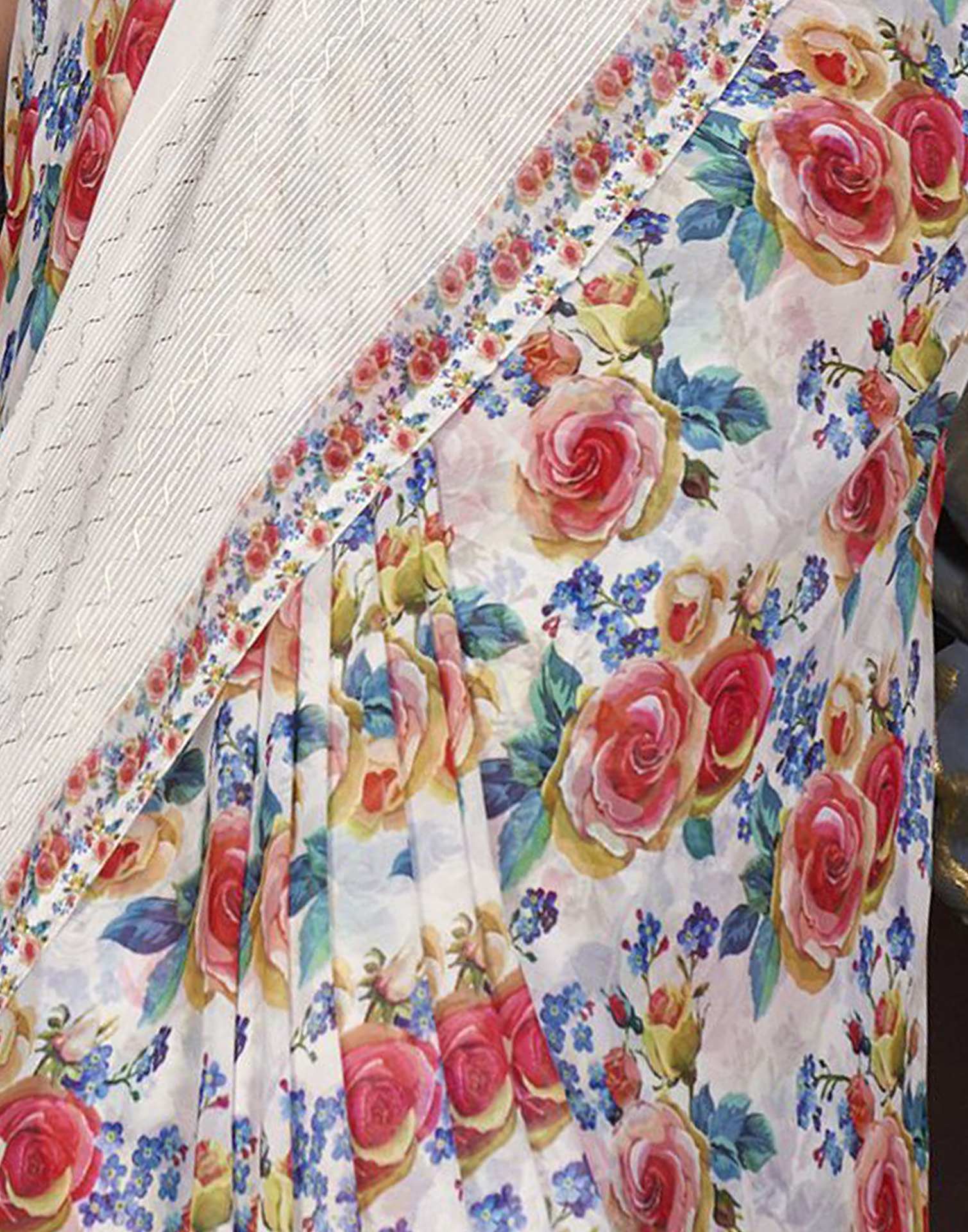 White Floral Printed Georgette Saree
