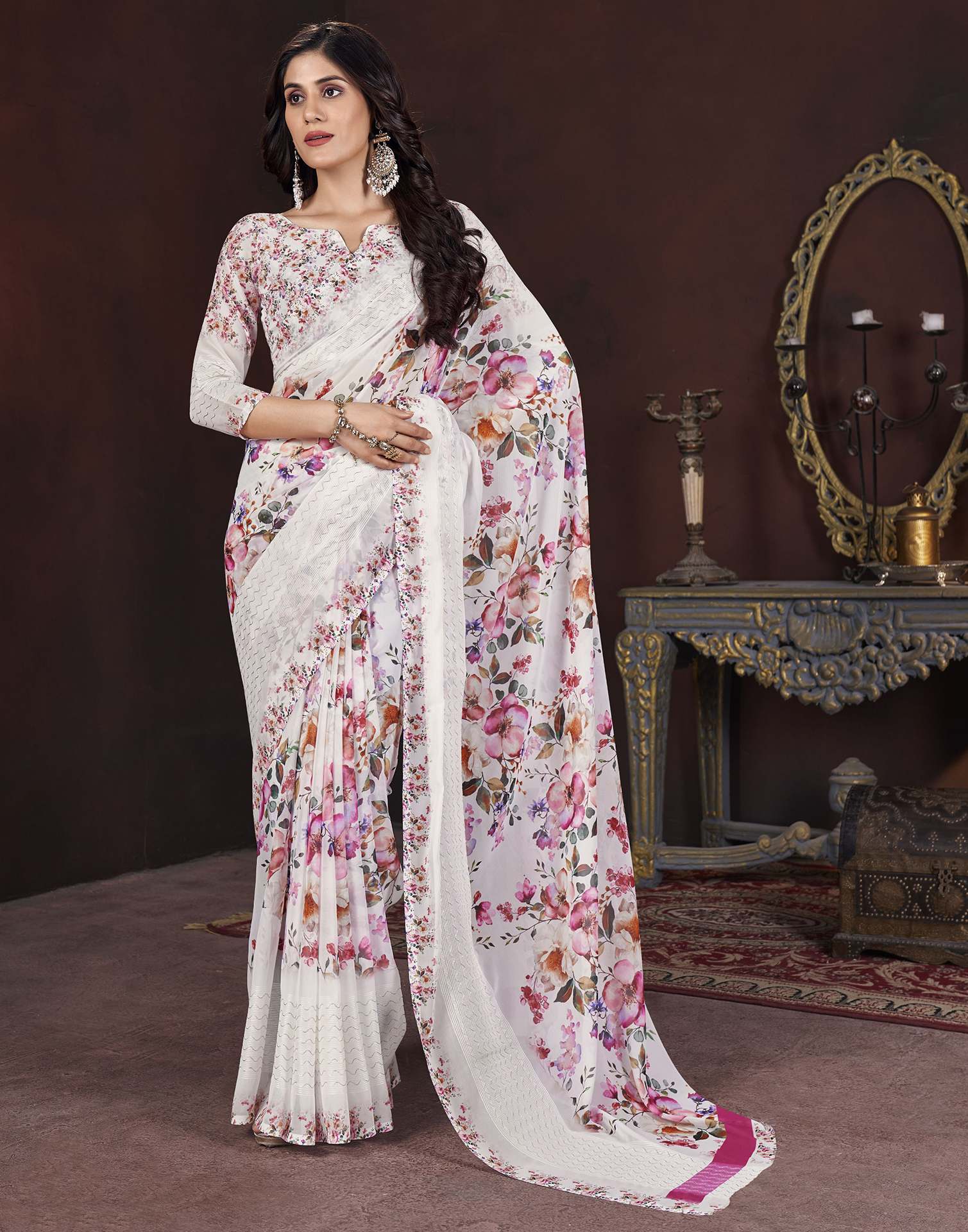 White Floral Printed Georgette Saree