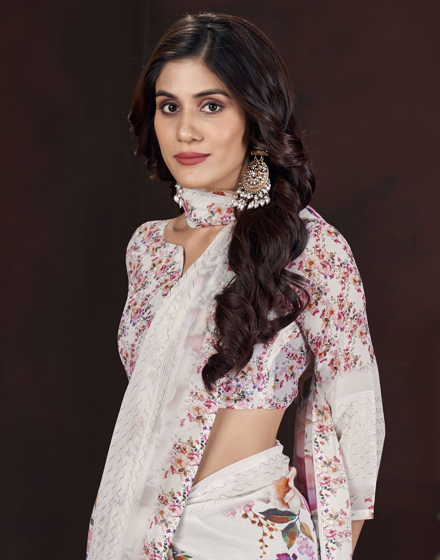 White Floral Printed Georgette Saree