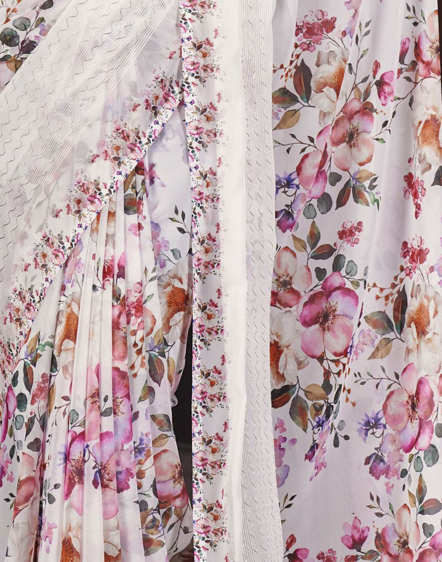White Floral Printed Georgette Saree