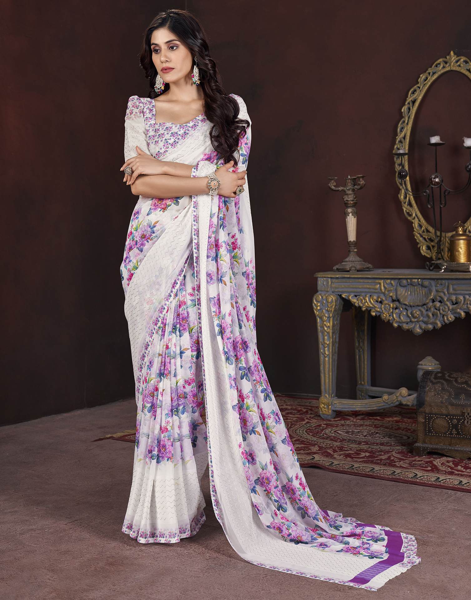 White Floral Printed Georgette Saree