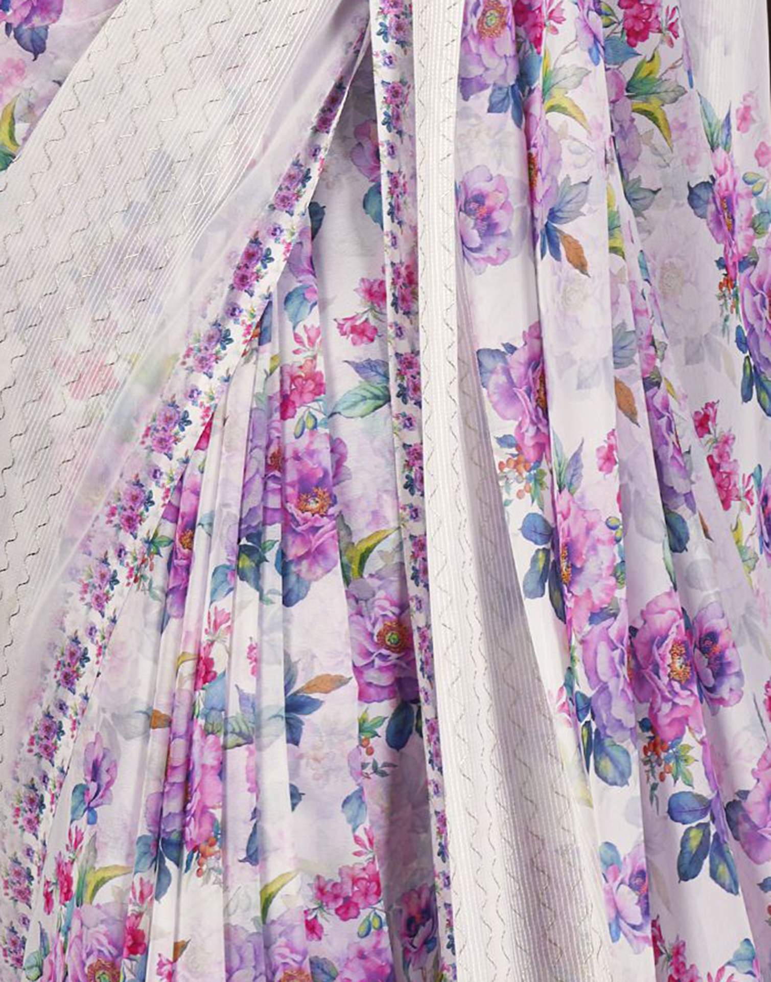 White Floral Printed Georgette Saree