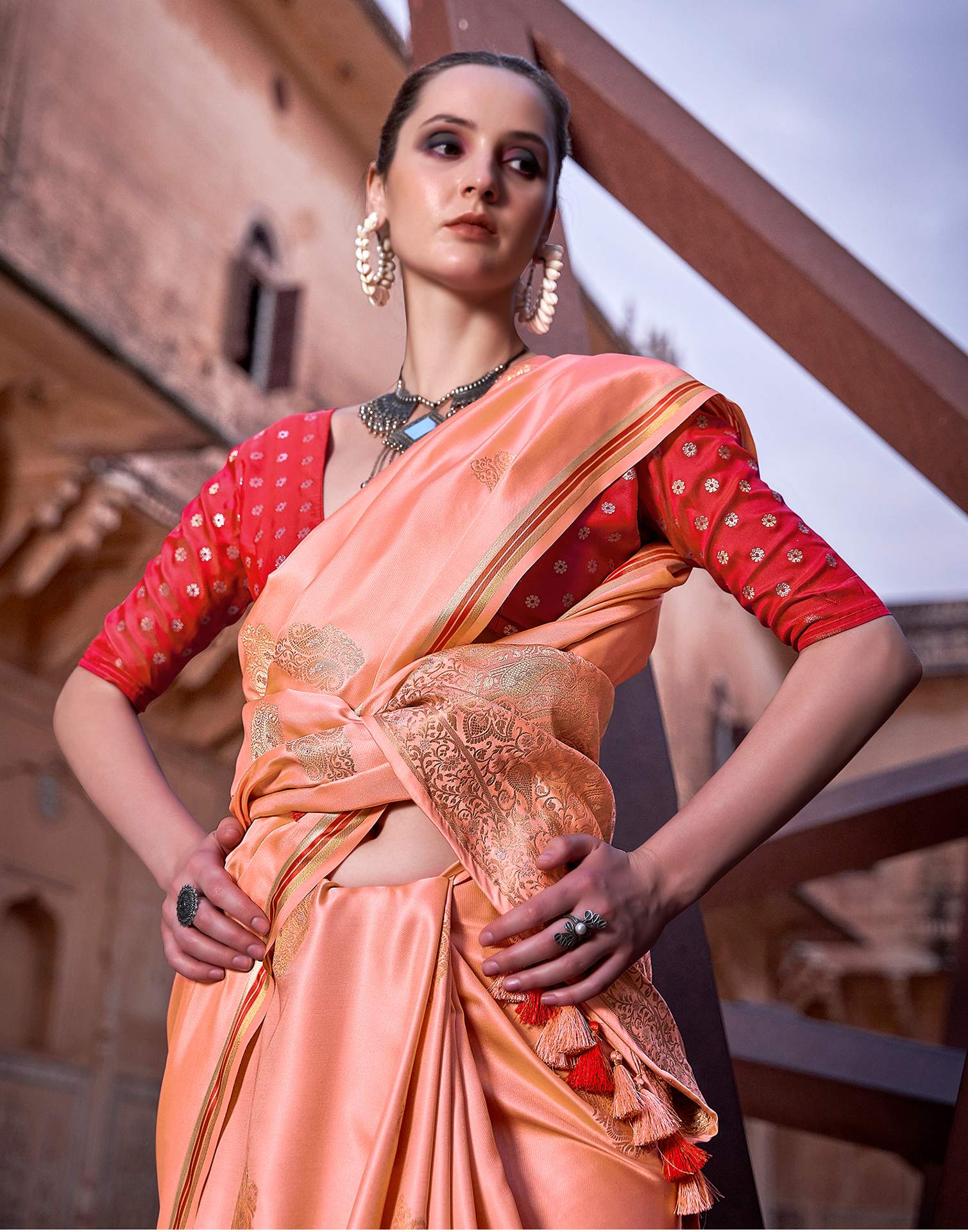 Peach Jacquard Silk Saree