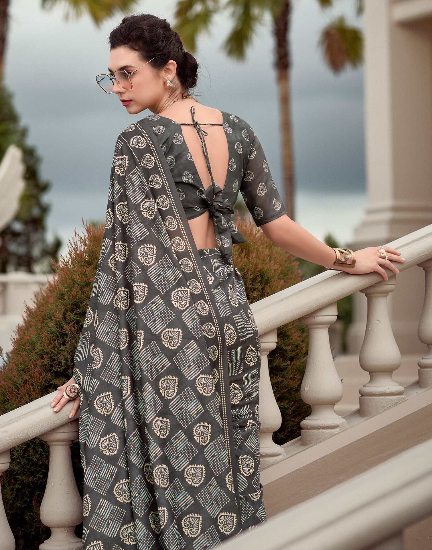 Dark Brown Printed Cotton Silk Saree