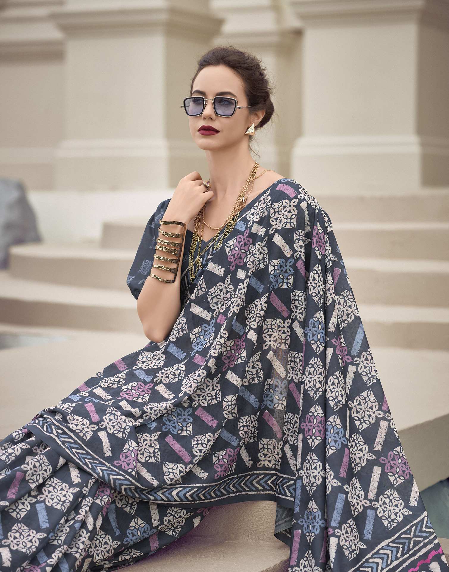 Navy Blue Printed Cotton Silk Saree