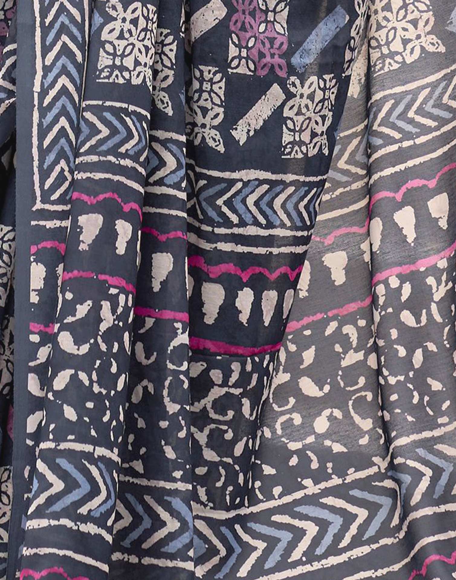 Navy Blue Printed Cotton Silk Saree