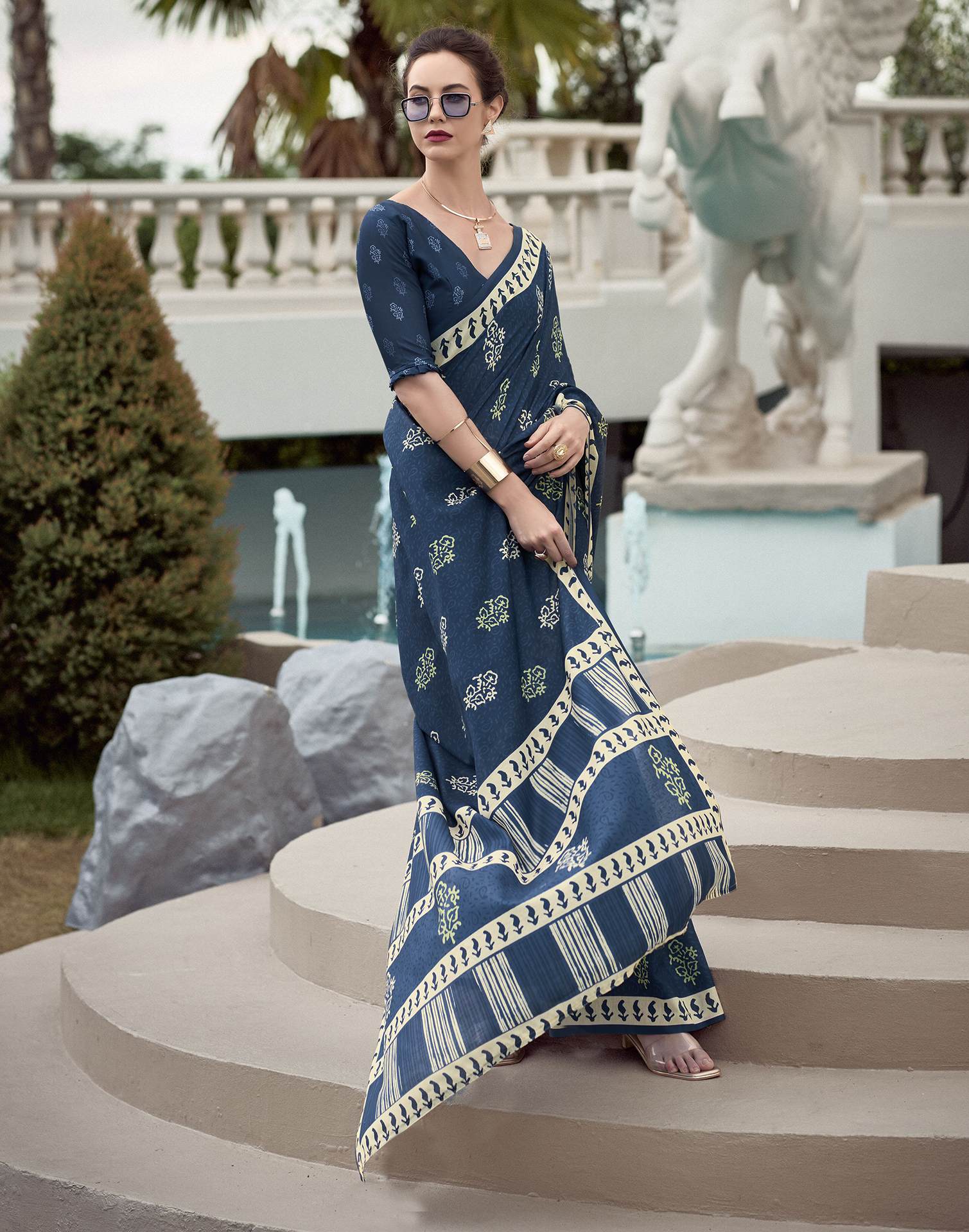 Dark Dusty Blue Printed Cotton Silk Saree