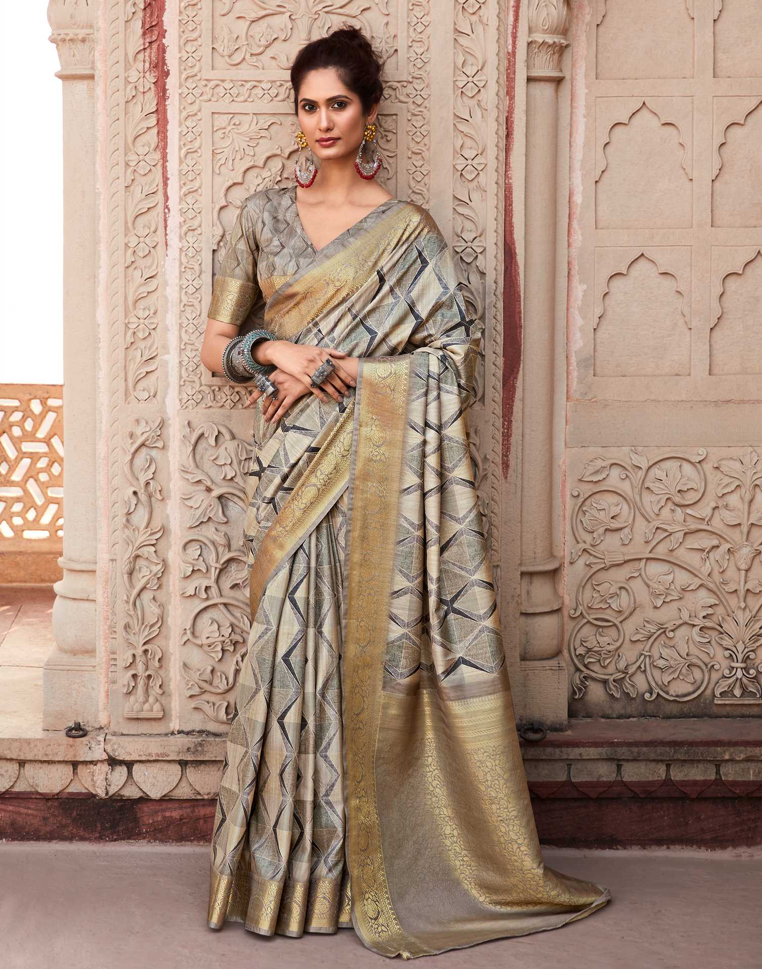 Beige Geometric Printed Silk Saree