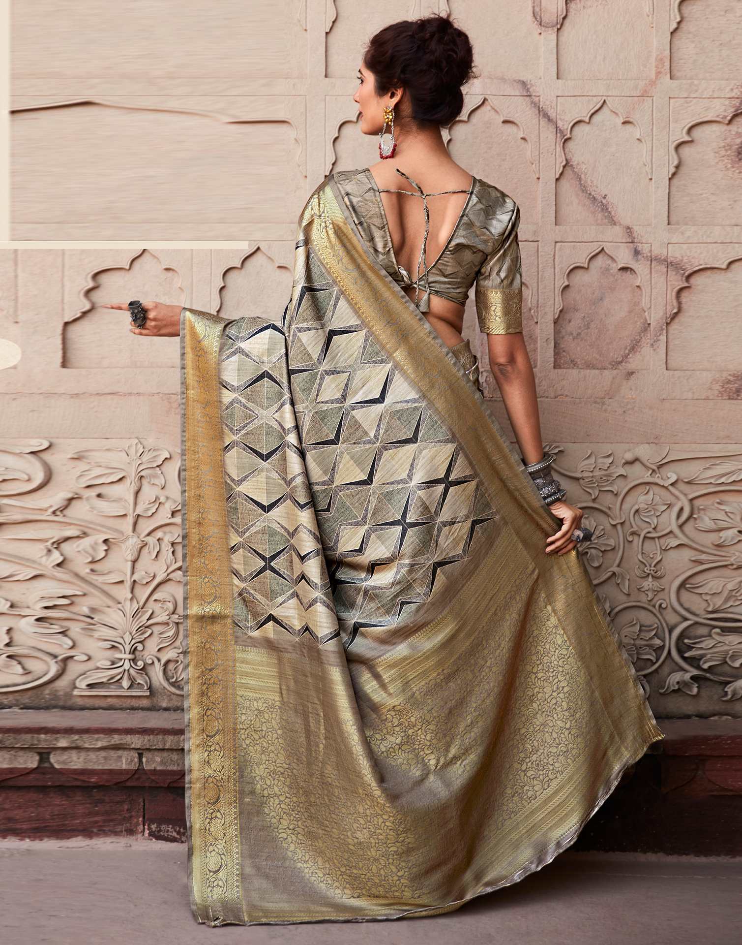 Beige Geometric Printed Silk Saree