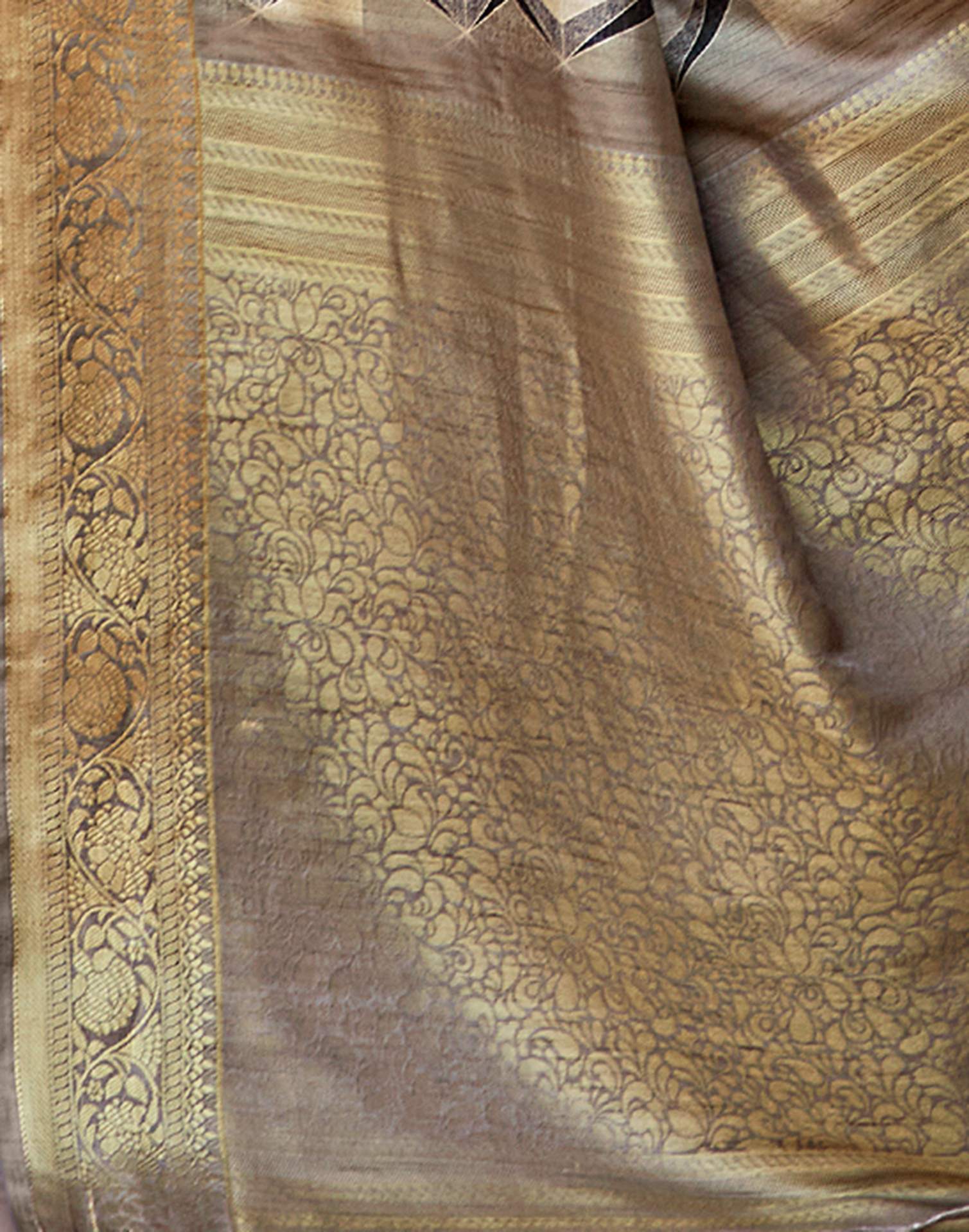 Beige Geometric Printed Silk Saree