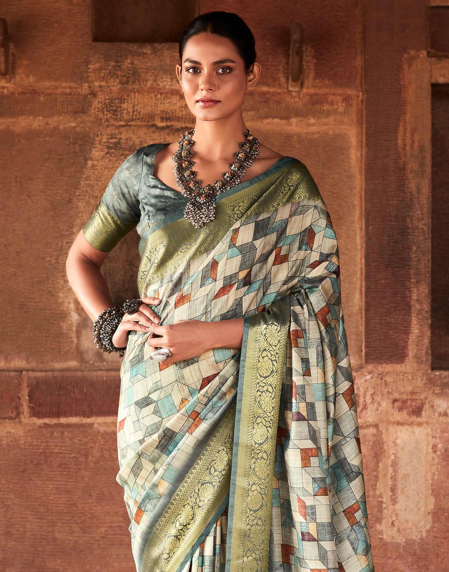 Beige Geometric Printed Silk Saree