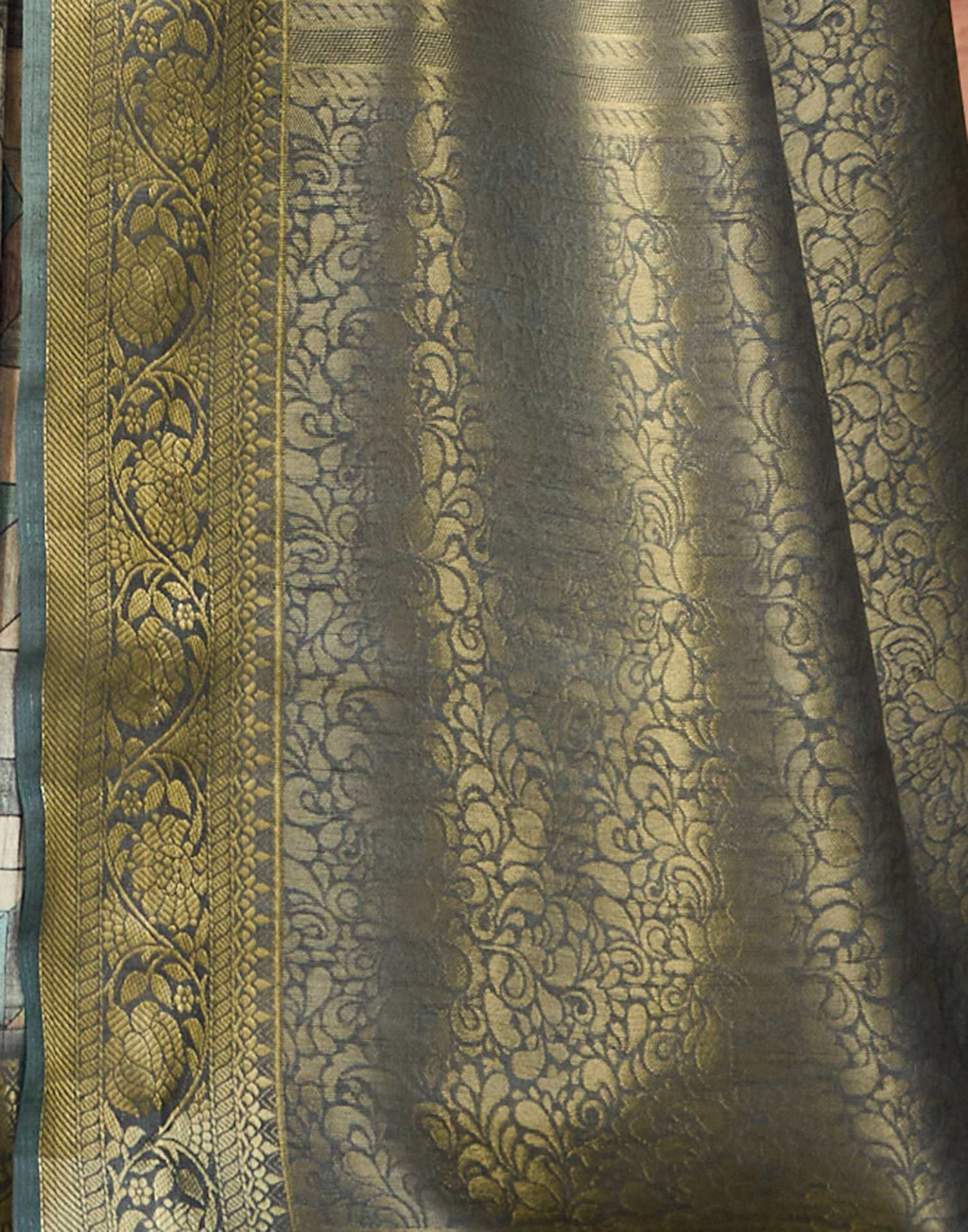 Beige Geometric Printed Silk Saree