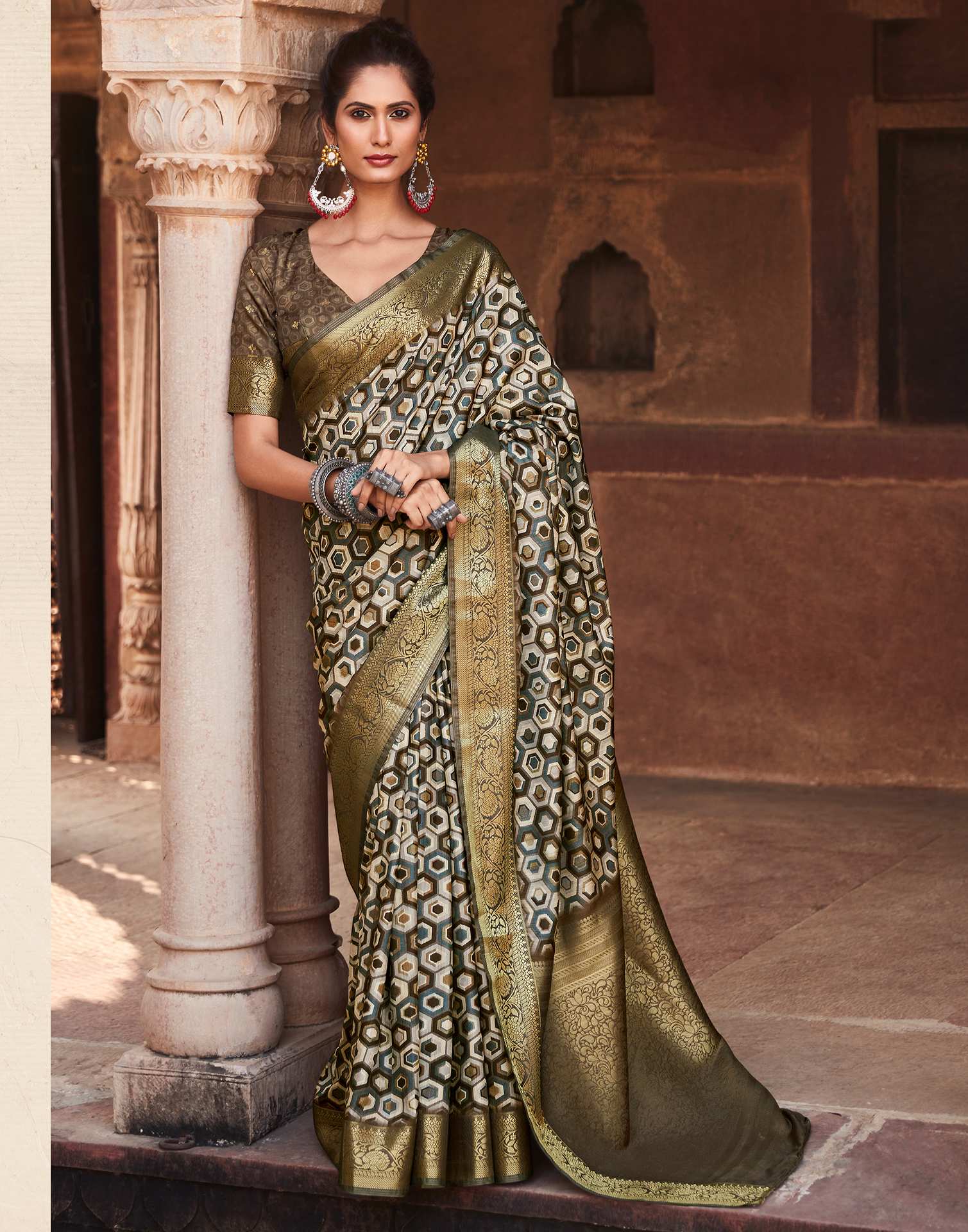 Beige Geometric Printed Silk Saree
