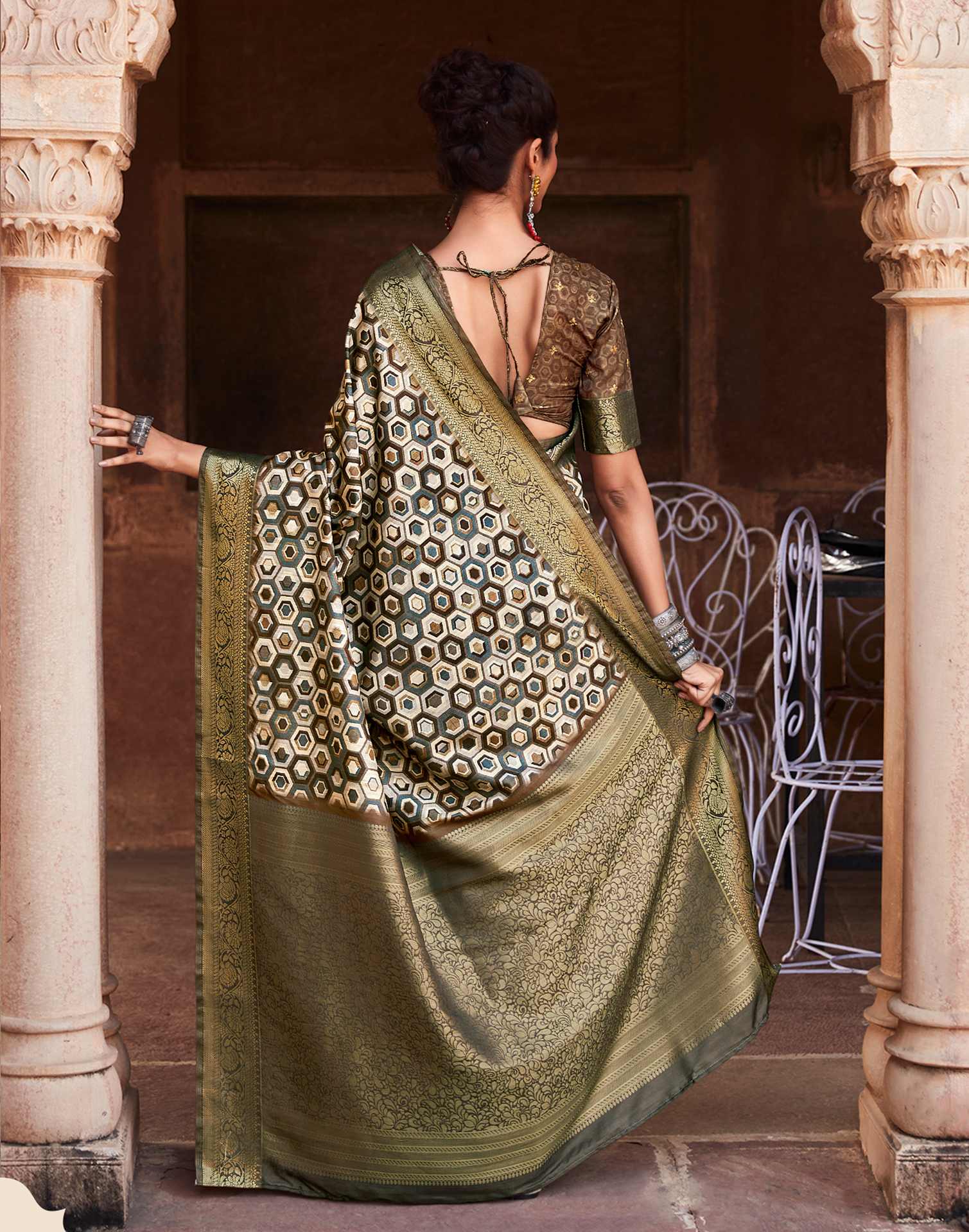 Beige Geometric Printed Silk Saree