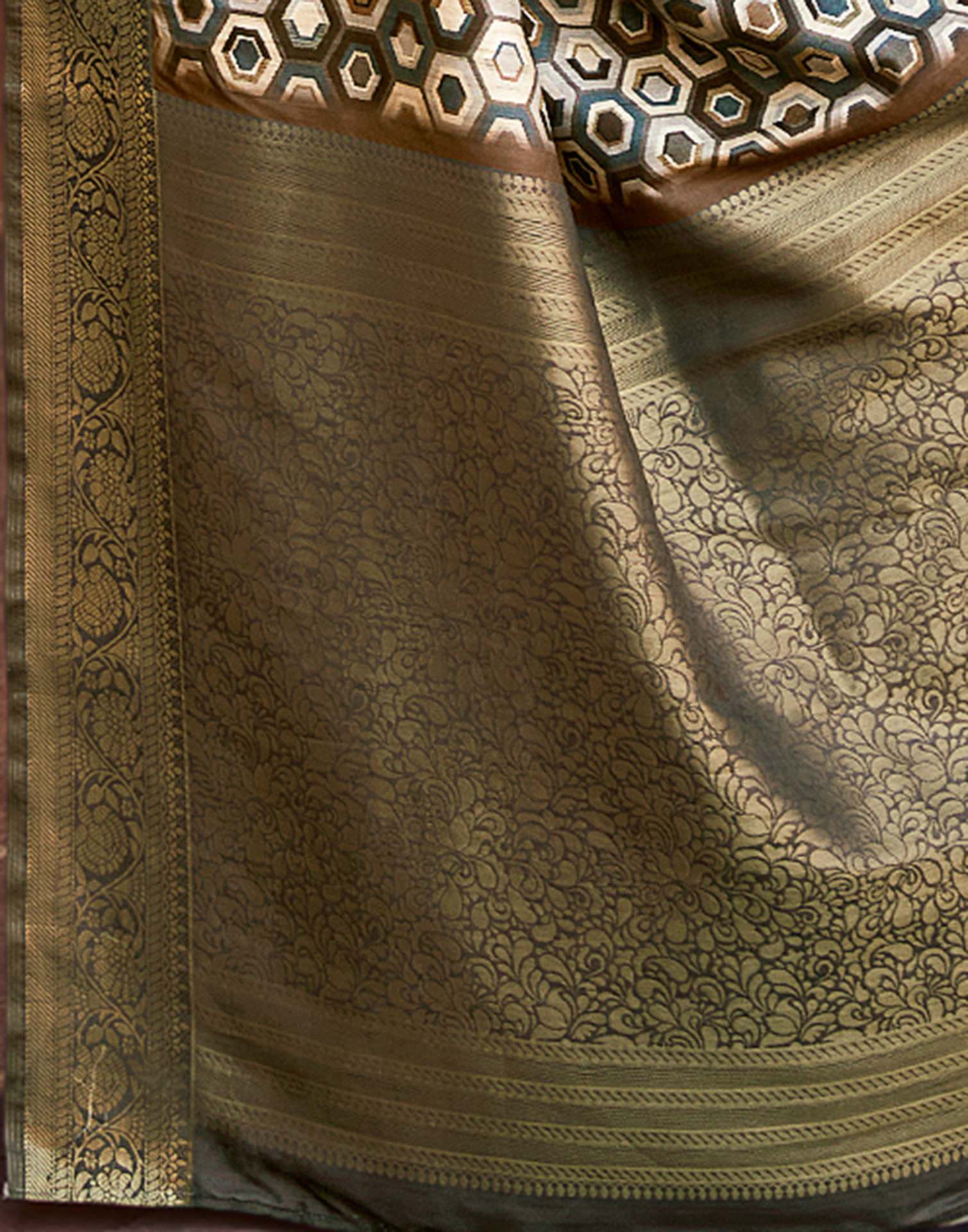 Beige Geometric Printed Silk Saree
