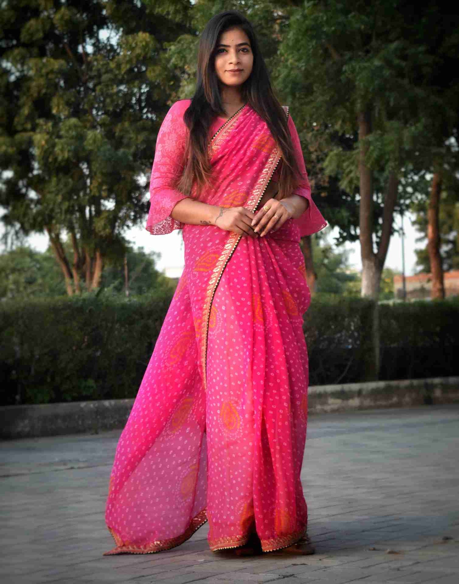 Pink Georgette Printed Bandhani Saree