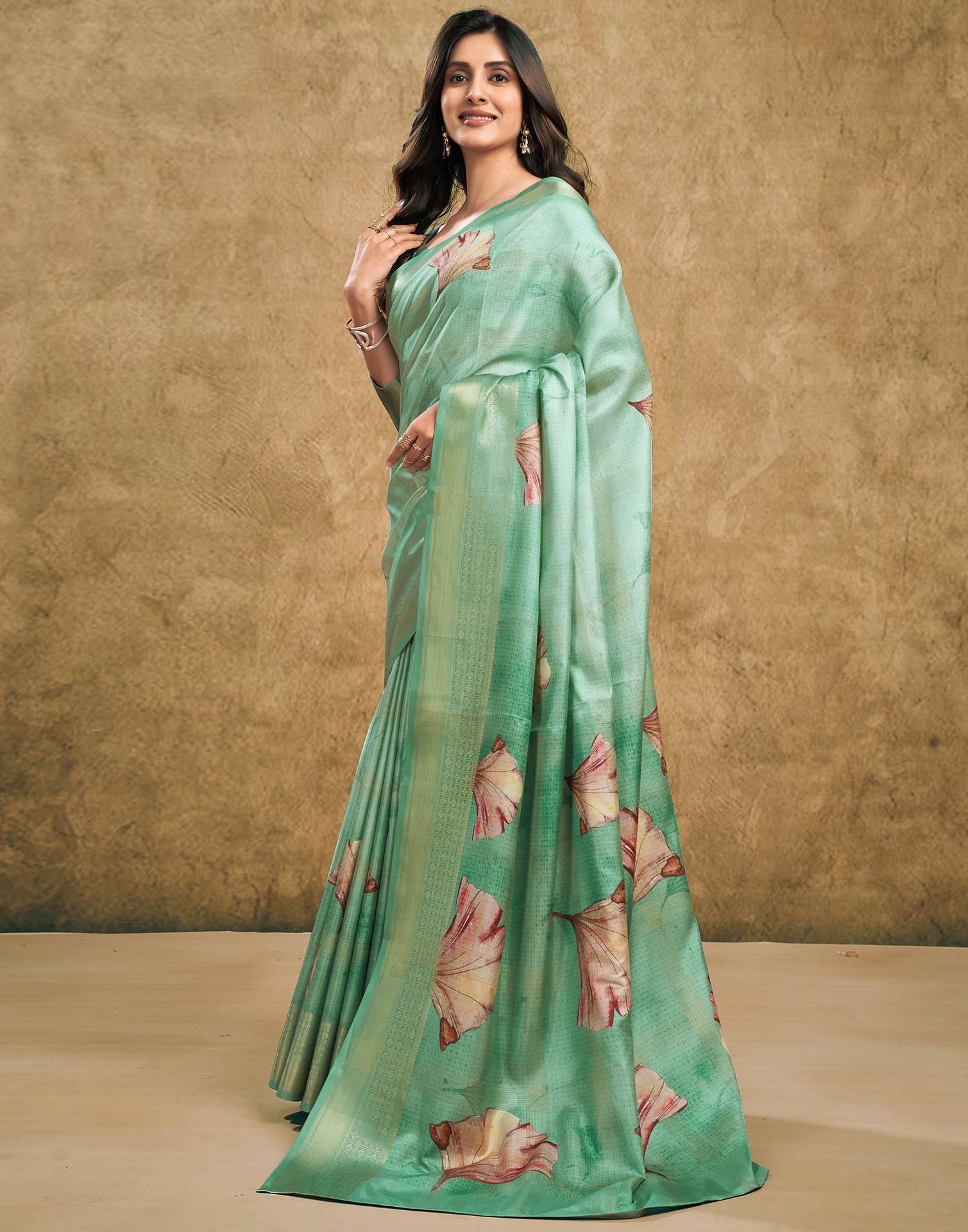 Light Pista Green Printed Silk Saree