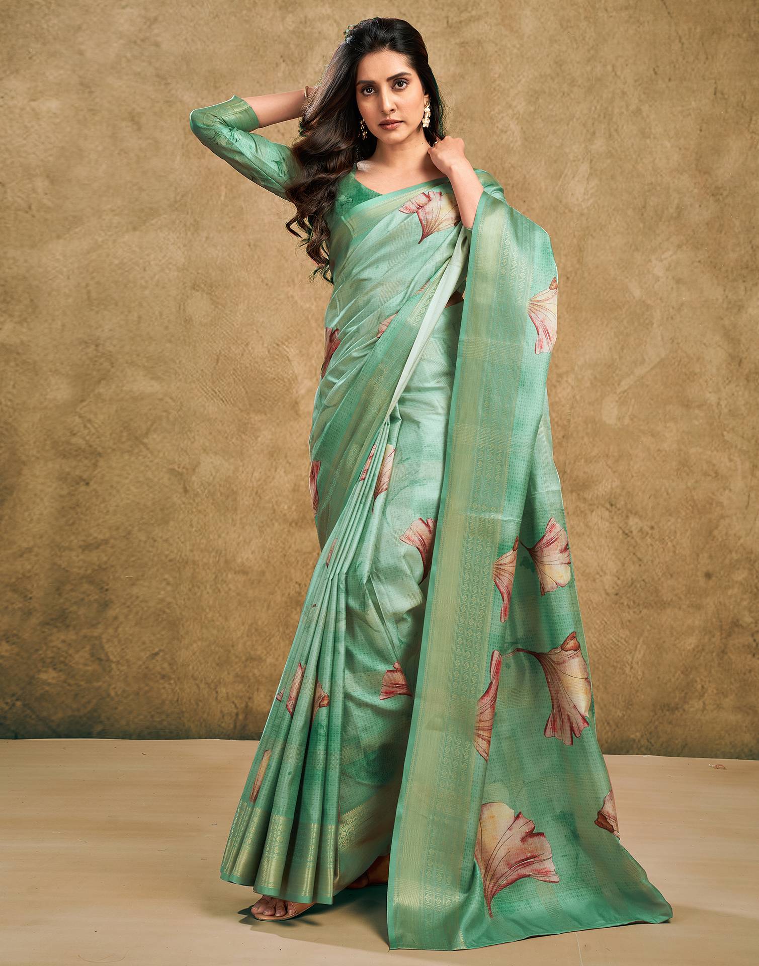Light Pista Green Printed Silk Saree