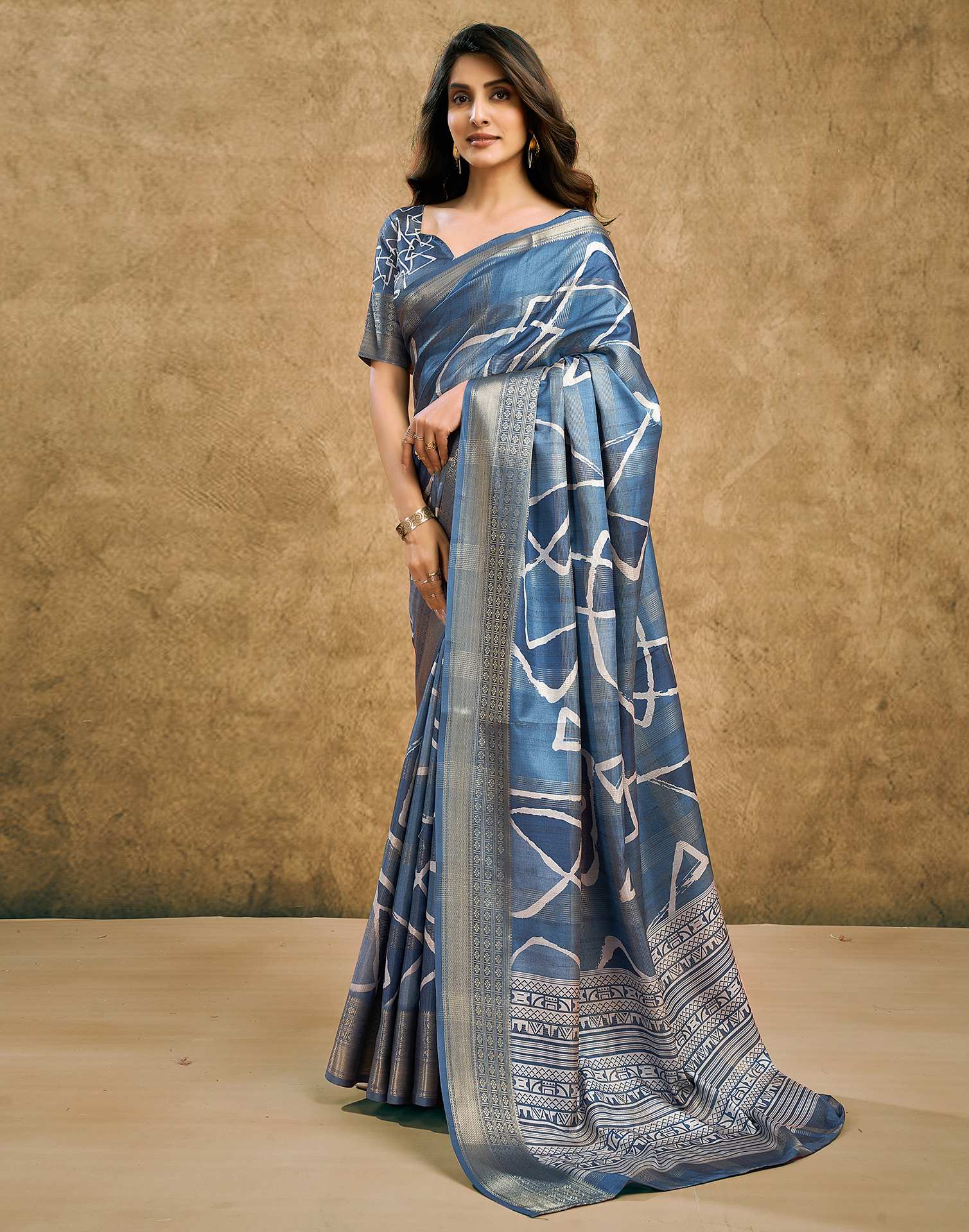 Dusty Blue Printed Silk Saree
