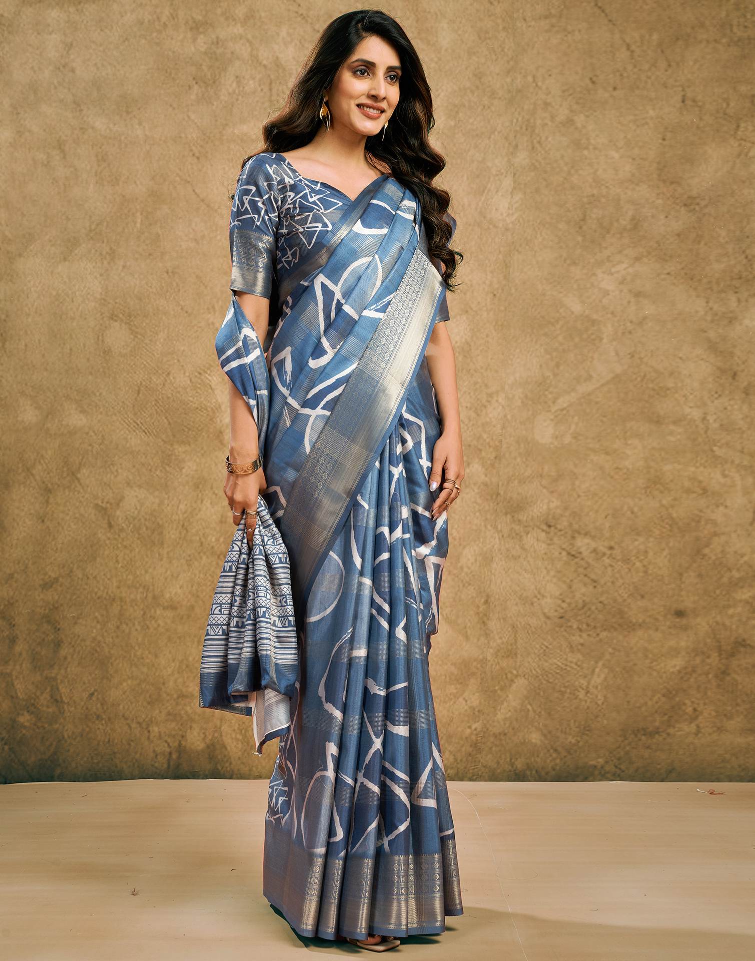 Dusty Blue Printed Silk Saree