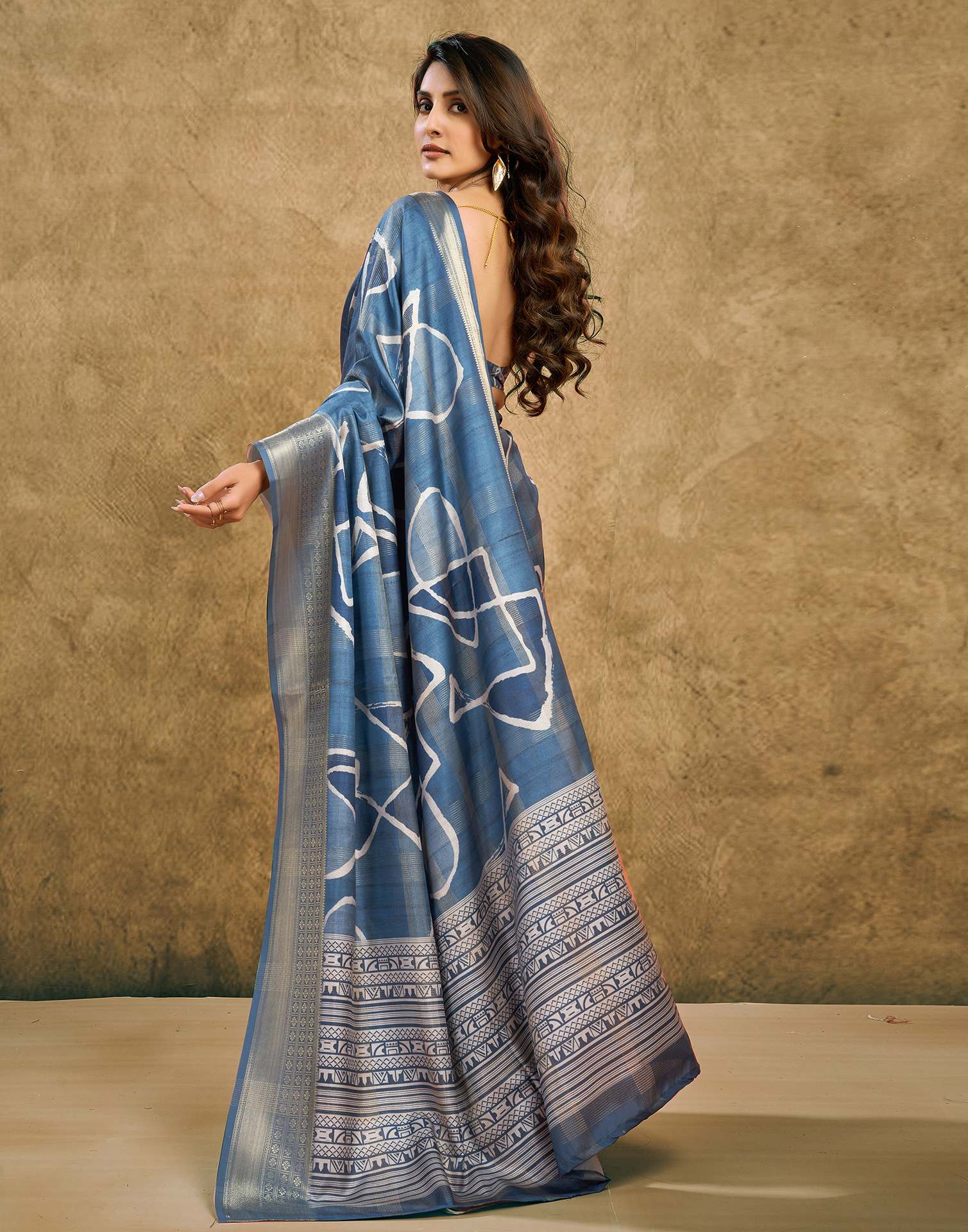 Dusty Blue Printed Silk Saree