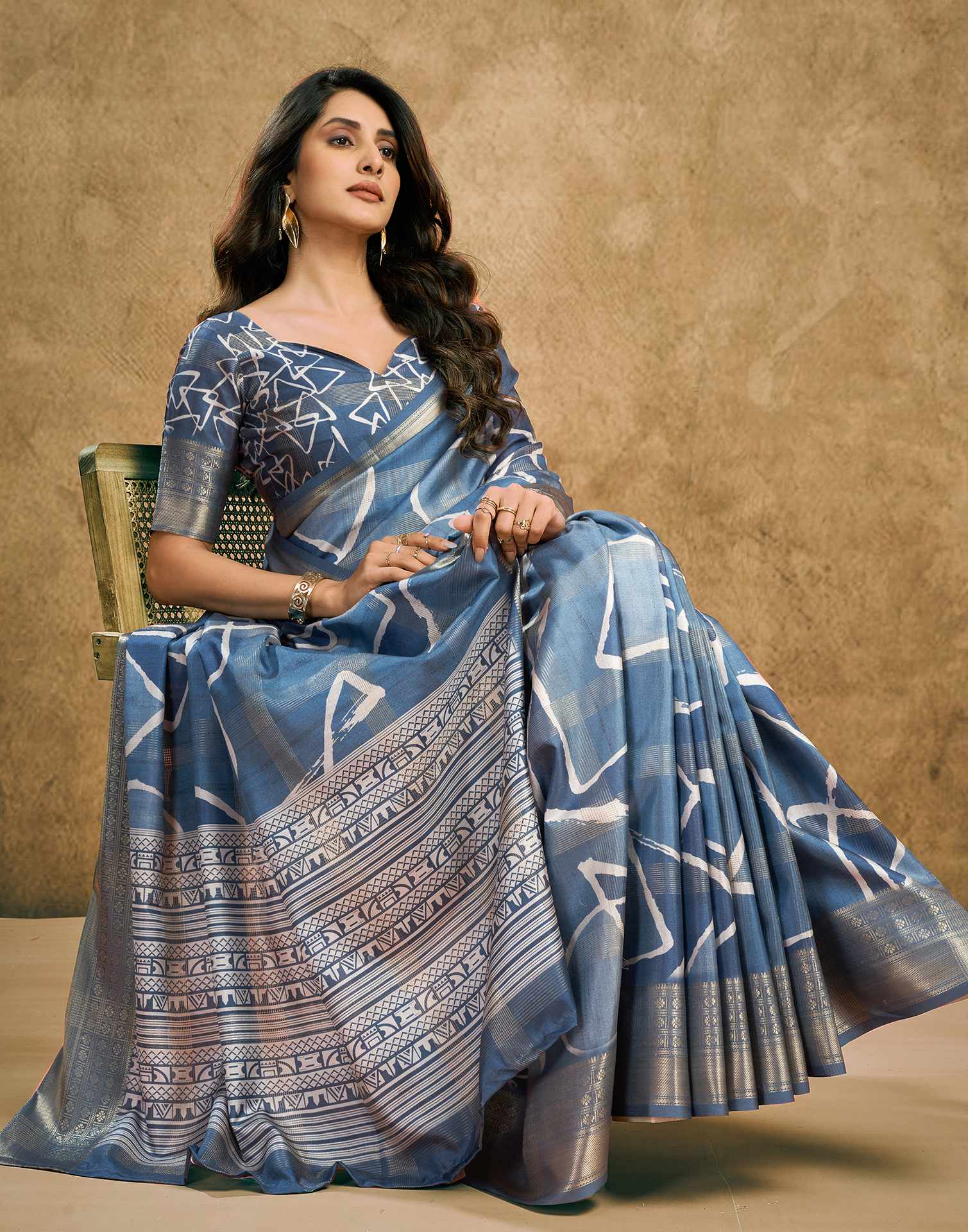Dusty Blue Printed Silk Saree
