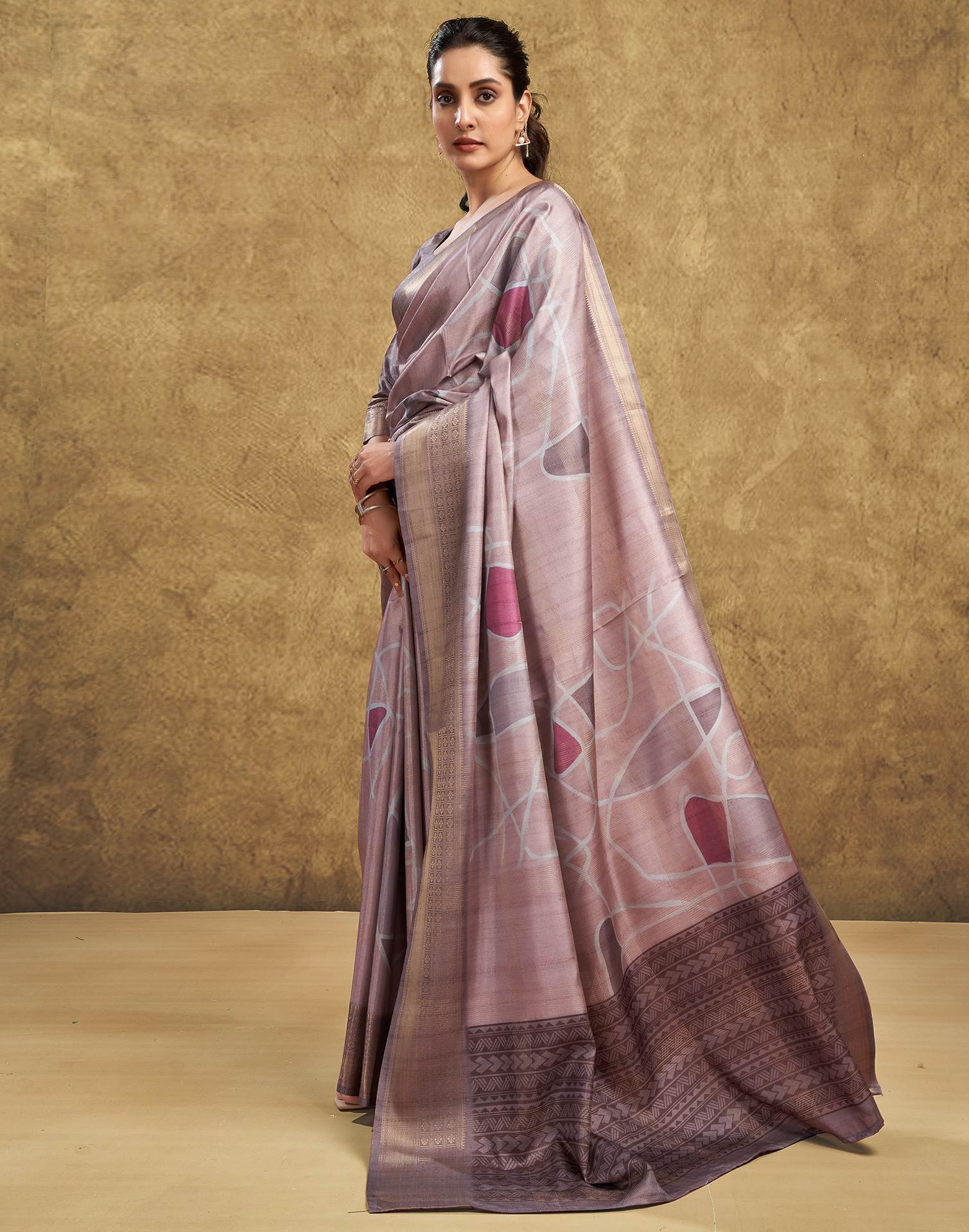 Beige Printed Silk Saree
