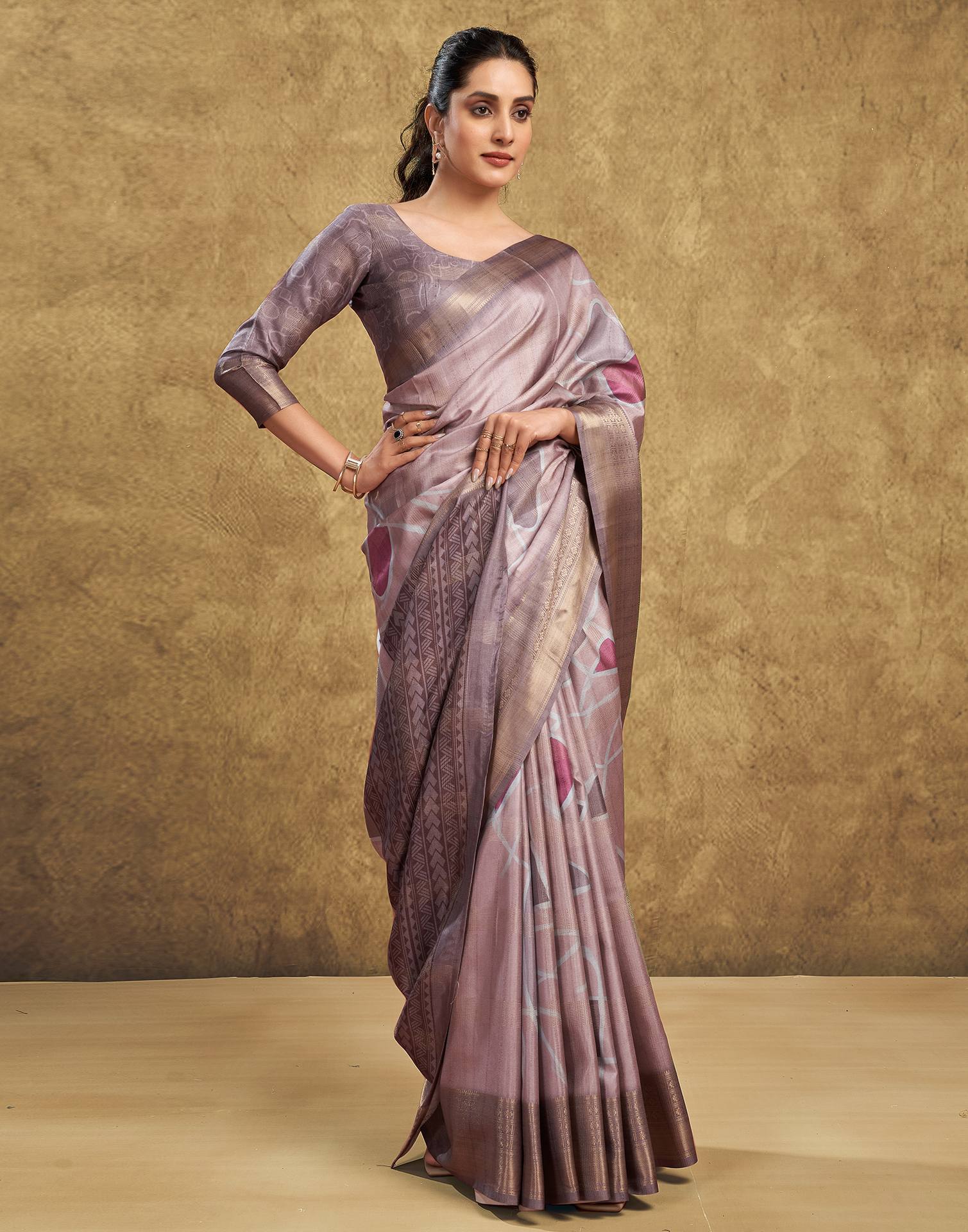 Beige Printed Silk Saree