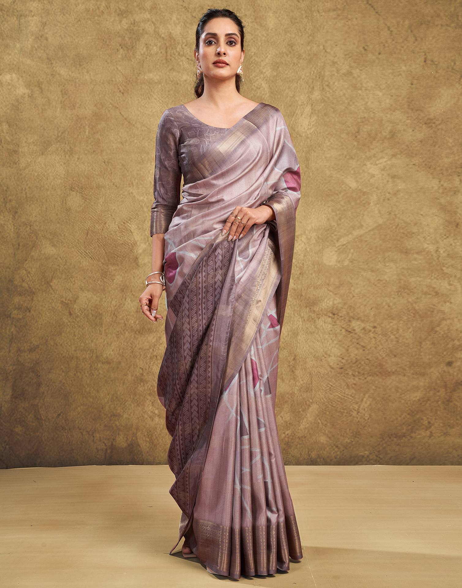 Beige Printed Silk Saree