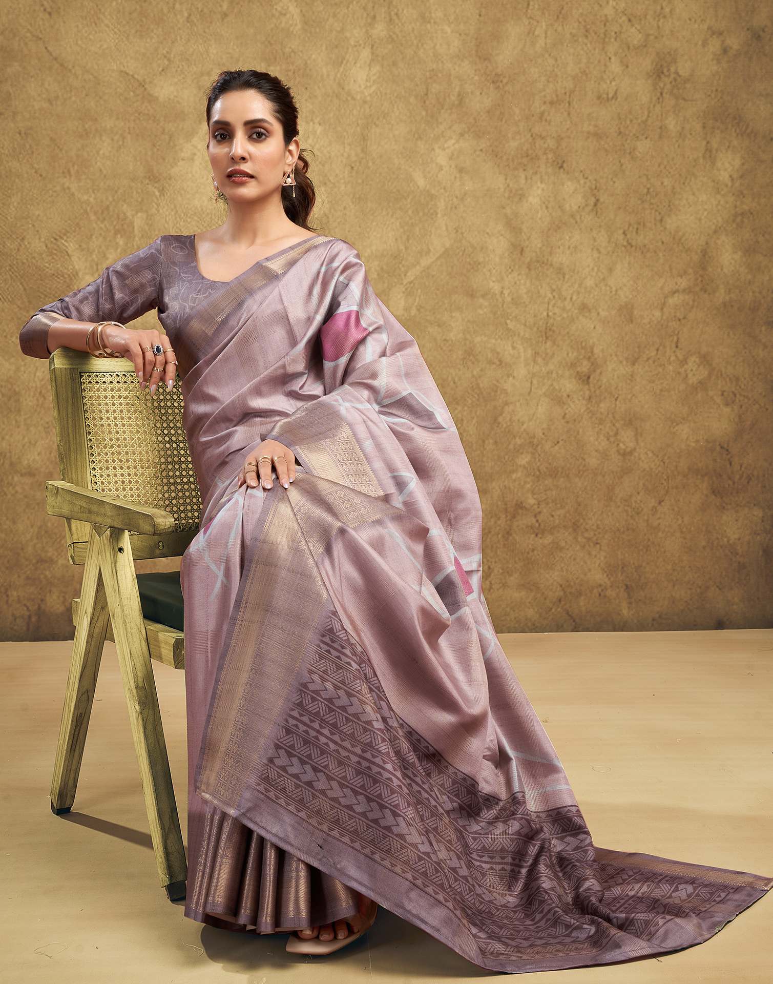 Beige Printed Silk Saree