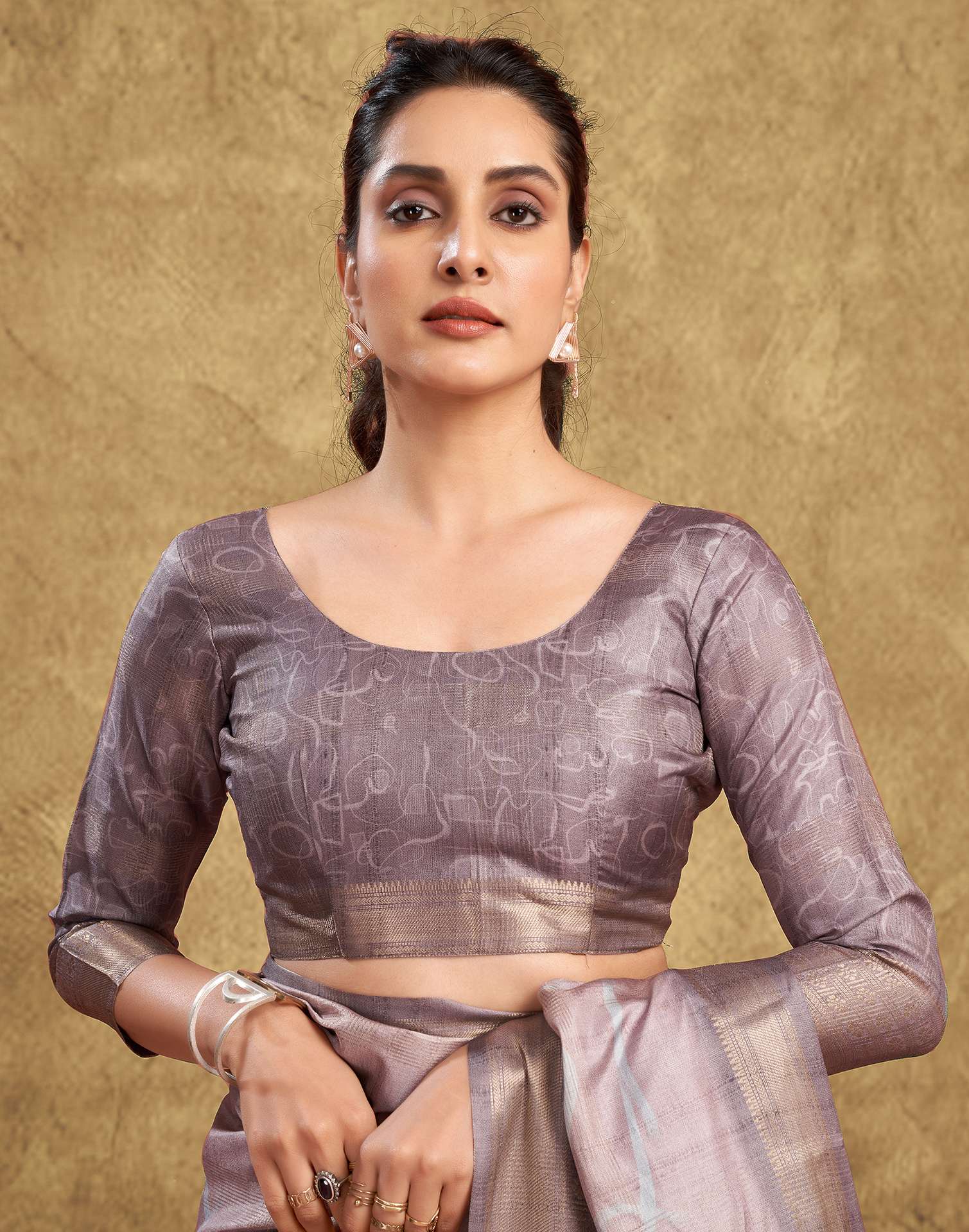 Beige Printed Silk Saree