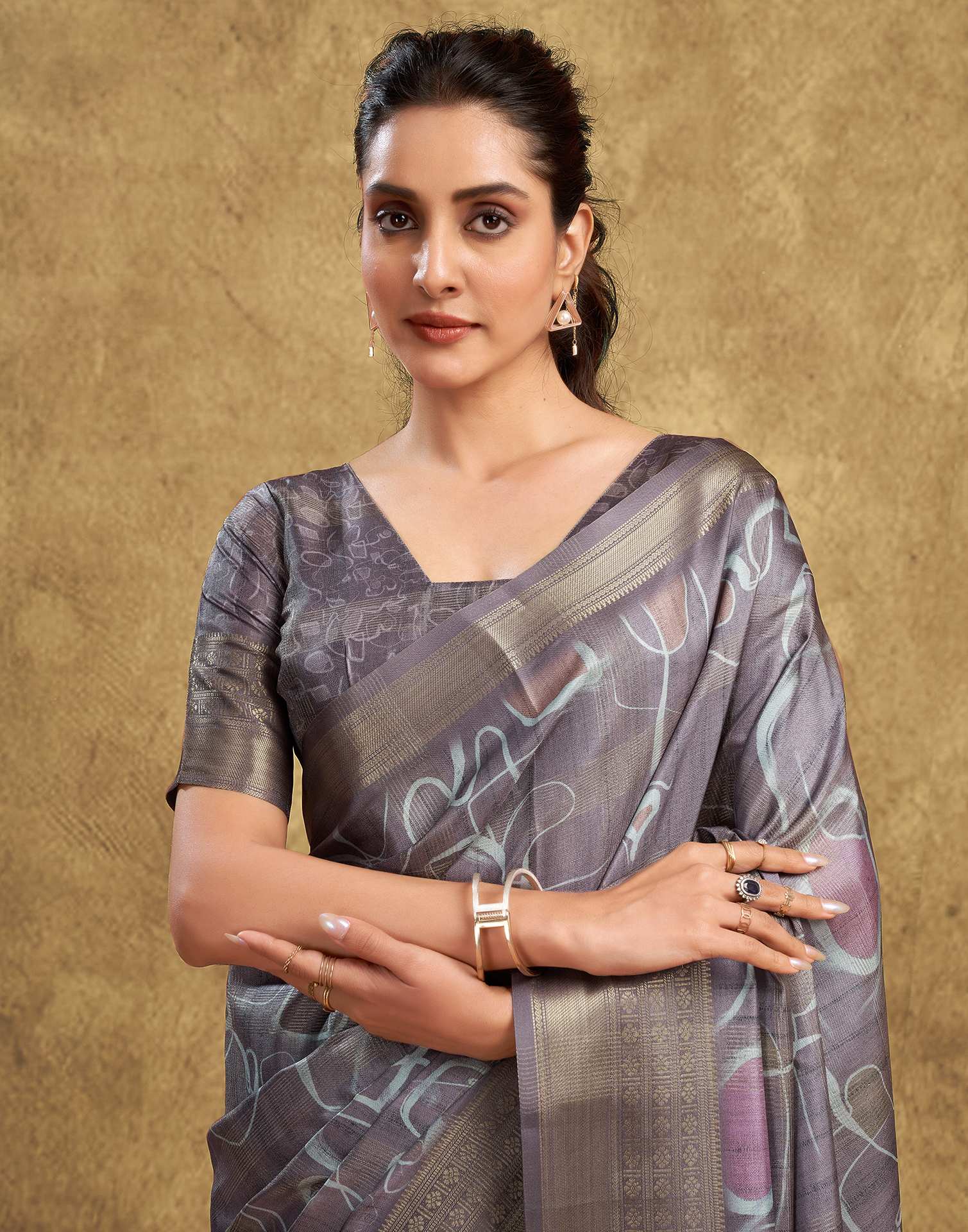 Stone Grey Printed Silk Saree