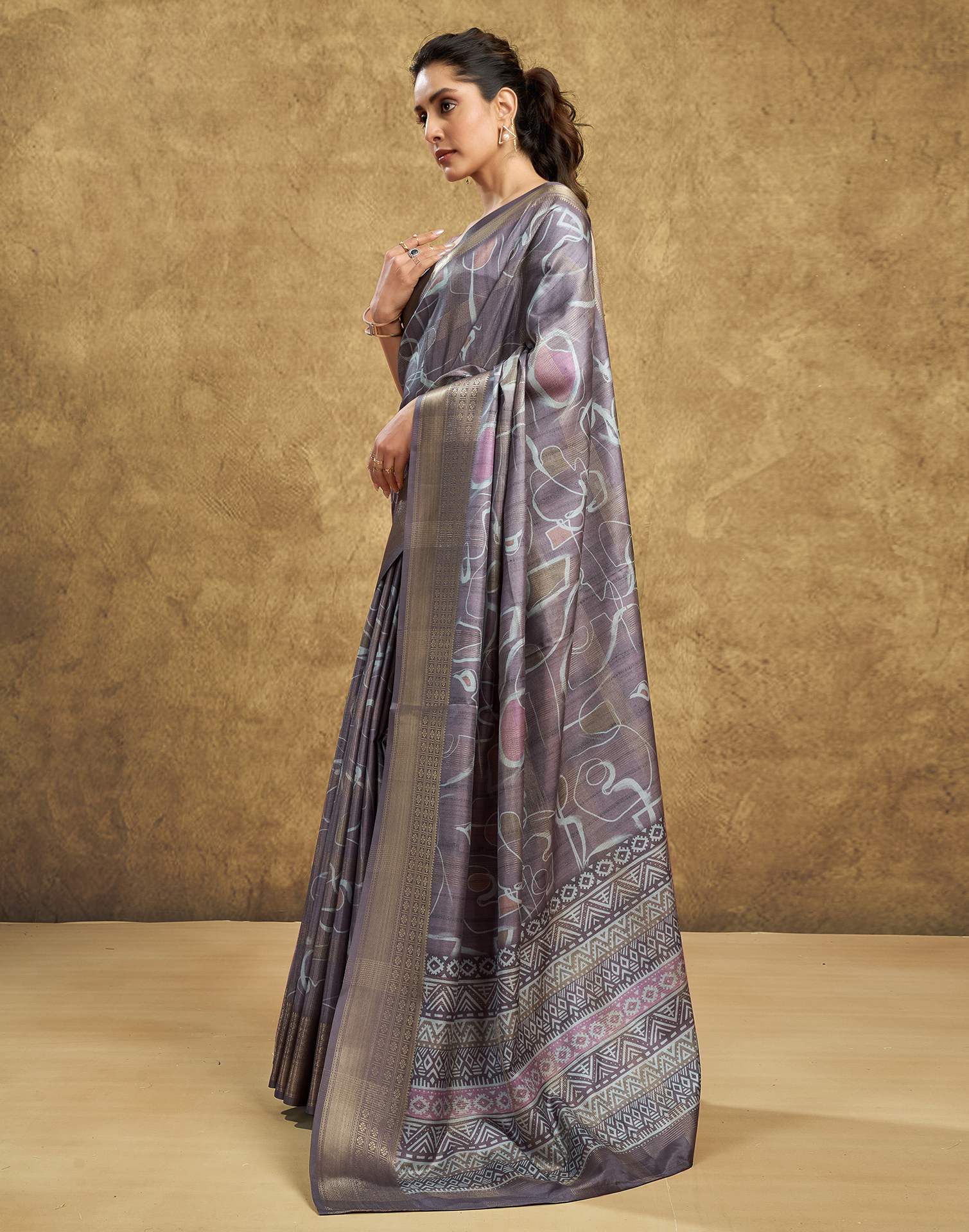 Stone Grey Printed Silk Saree