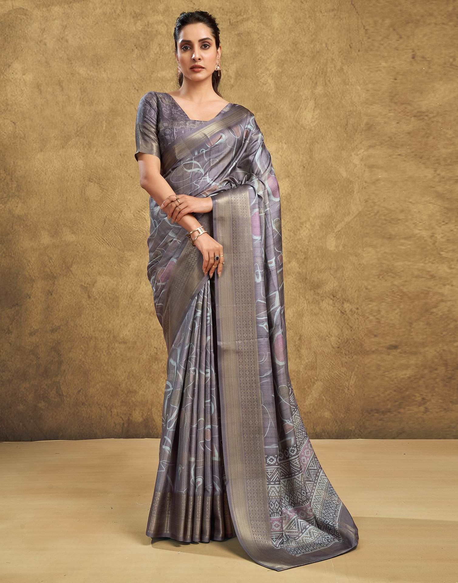 Stone Grey Printed Silk Saree