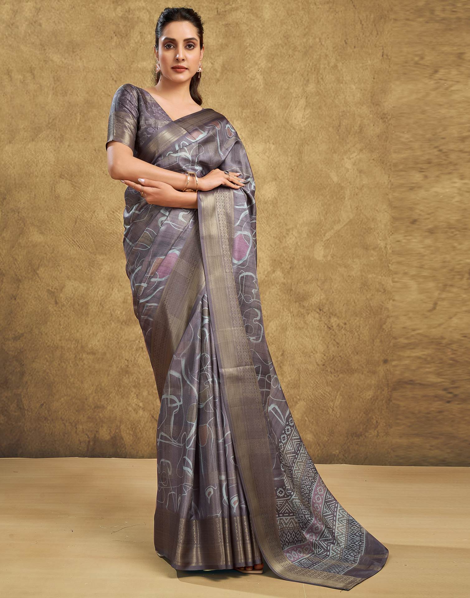 Stone Grey Printed Silk Saree
