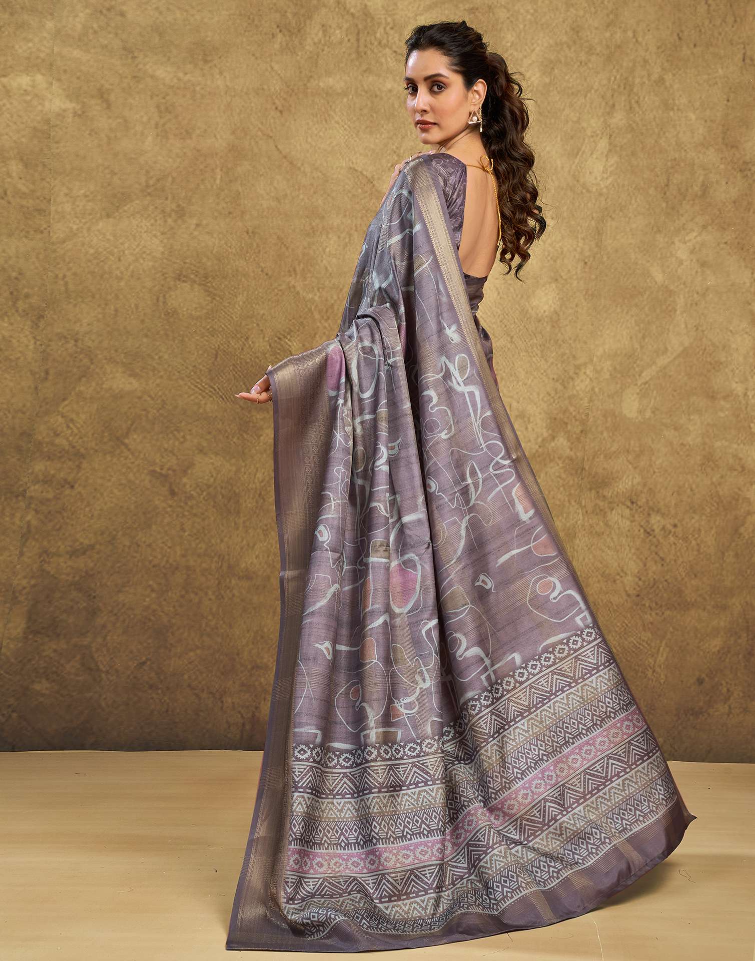 Stone Grey Printed Silk Saree