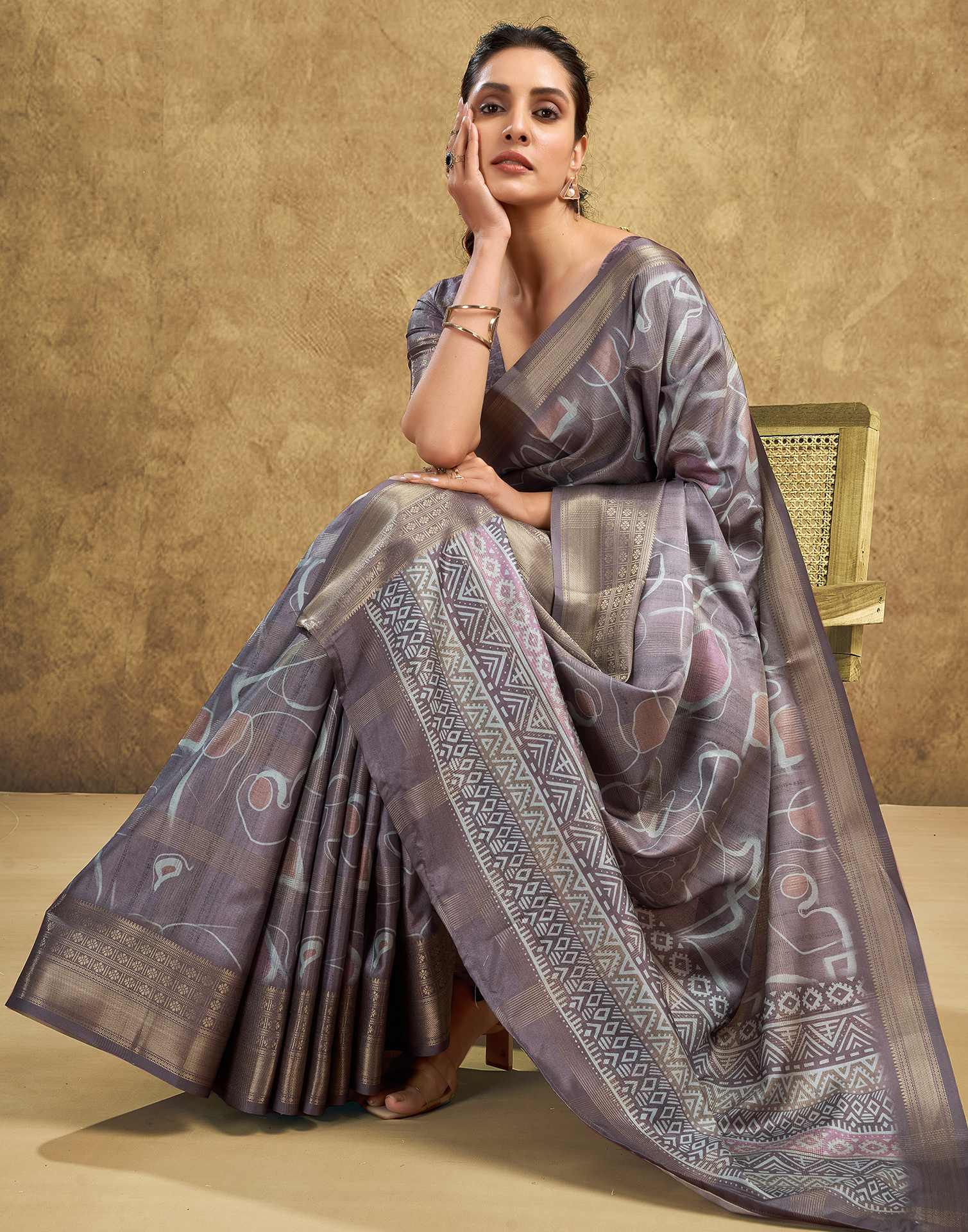 Stone Grey Printed Silk Saree