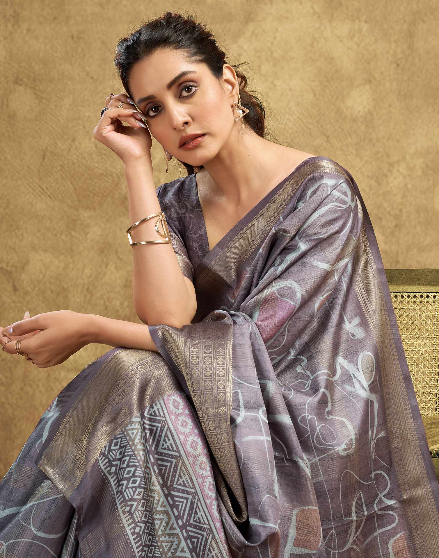 Stone Grey Printed Silk Saree