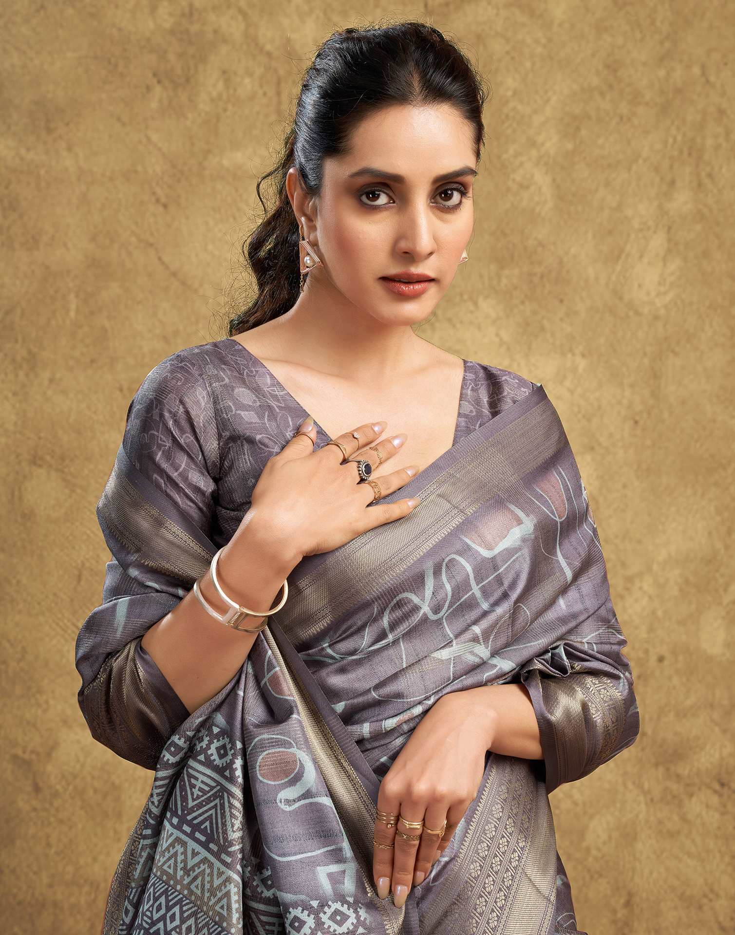 Stone Grey Printed Silk Saree