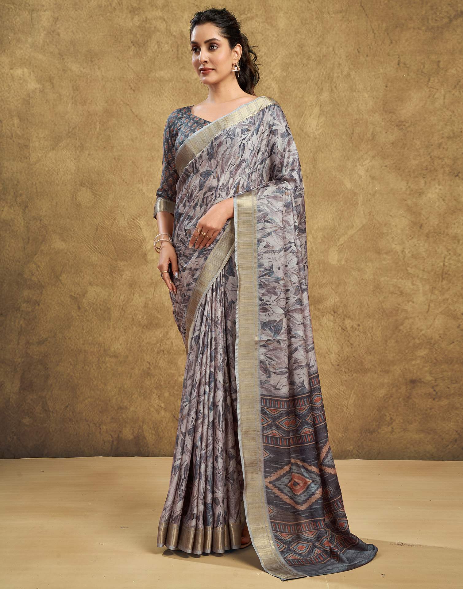 Grey Printed Chanderi Saree